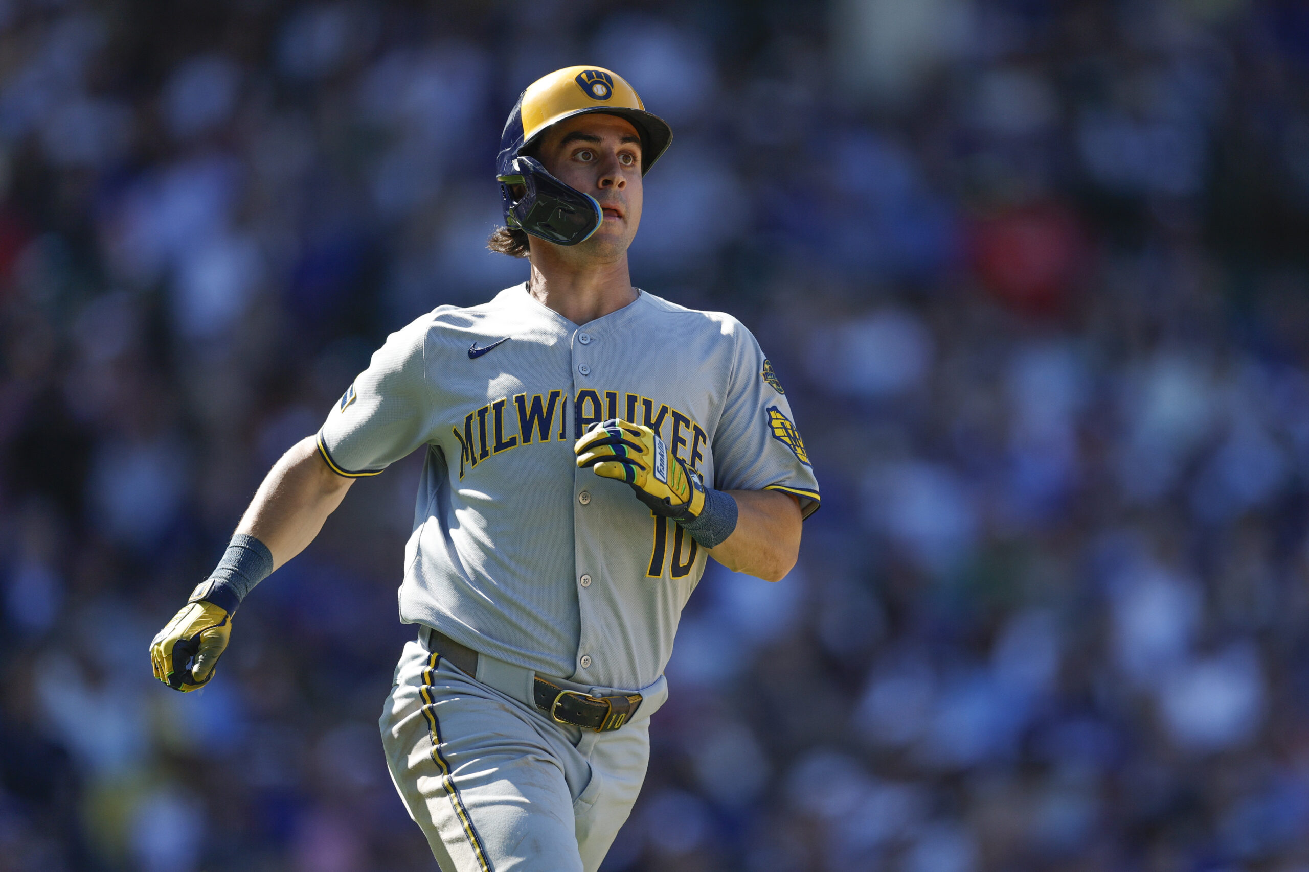 Aug 21, 2025; Chicago, Illinois, USA; Milwaukee Brewers right fielder Sal Frelick (10) runs after hitting a double against the Chicago Cubs during the eight inning at Wrigley Field. Mandatory Credit: Kamil Krzaczynski-Imagn Images