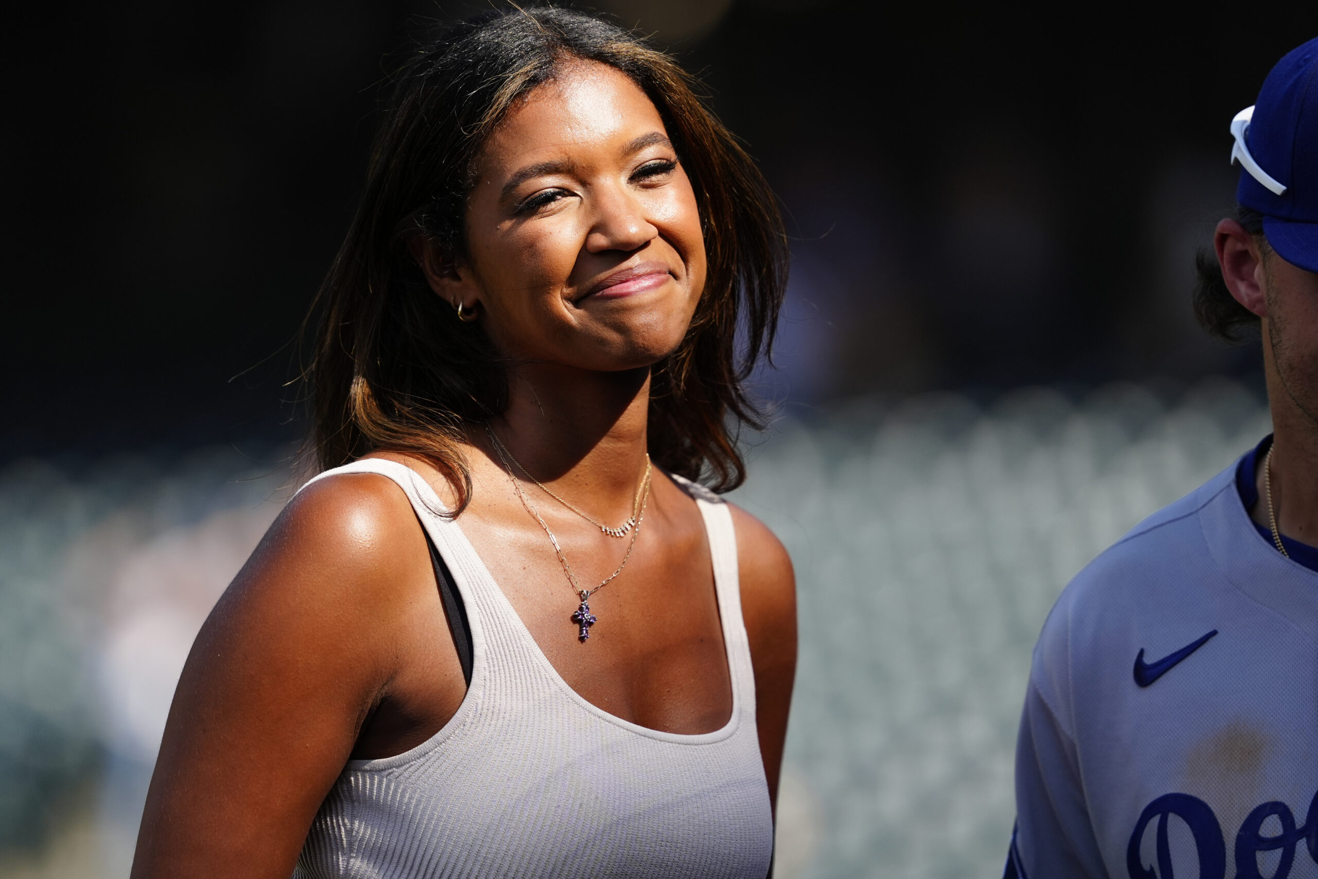 Aug 21, 2025; Denver, Colorado, USA; Los Angeles Dodgers sideline reporter Kirsten Watson following the win over the against the Colorado Rockies at Coors Field. Mandatory Credit: Ron Chenoy-Imagn Images