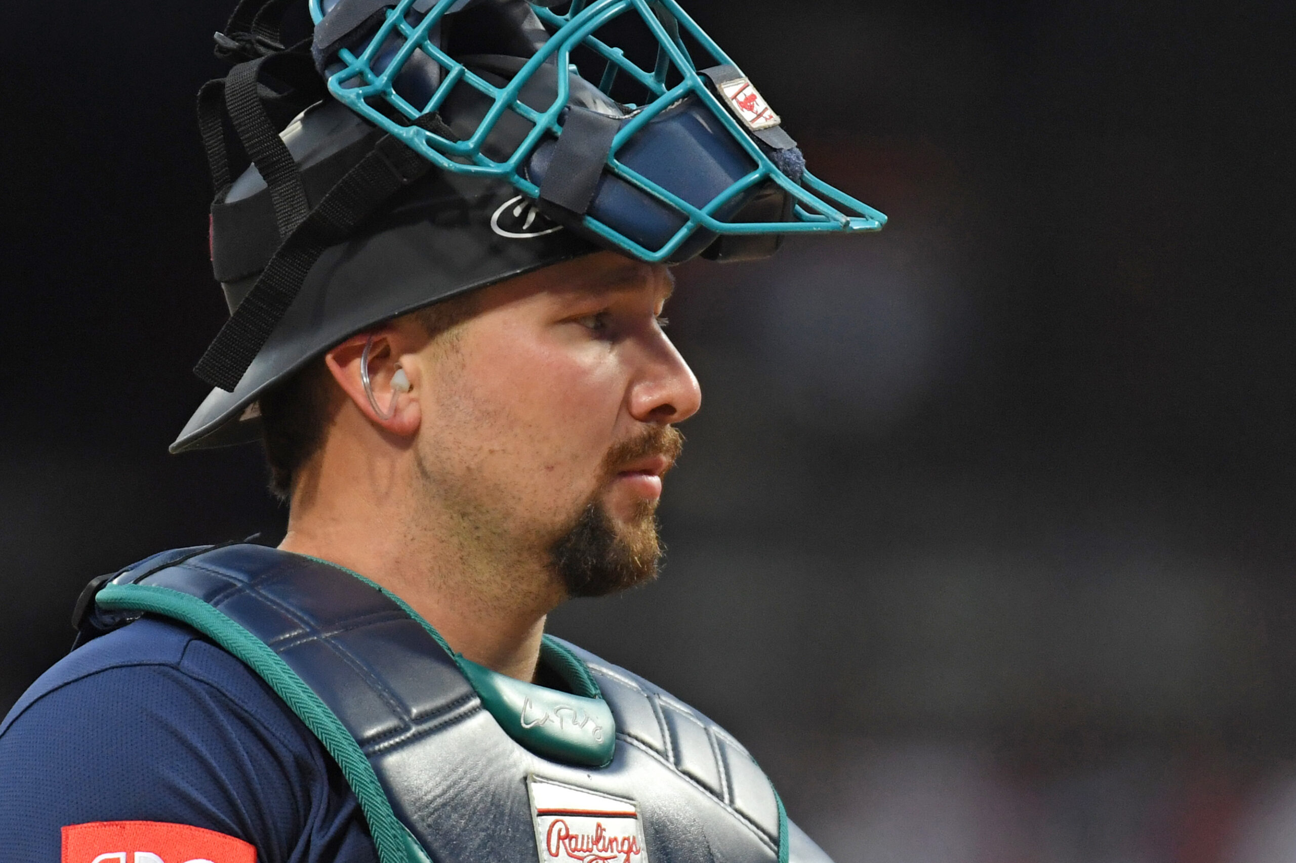 Aug 18, 2025; Philadelphia, Pennsylvania, USA; Seattle Mariners catcher Cal Raleigh (29) against the Philadelphia Phillies at Citizens Bank Park. Mandatory Credit: Eric Hartline-Imagn Images