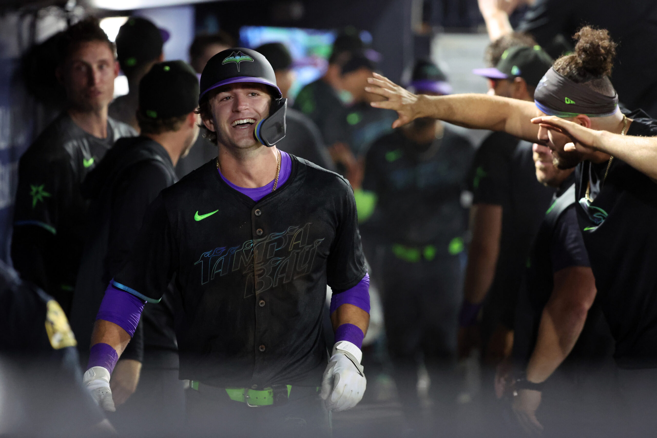 Aug 22, 2025; St. Petersburg, Florida, USA; Tampa Bay Rays shortstop Carson Williams (77) celebrates after he hit a two-run home run during the seventh inning against the St. Louis Cardinals at George M. Steinbrenner Field. Mandatory Credit: Kim Klement Neitzel-Imagn Images