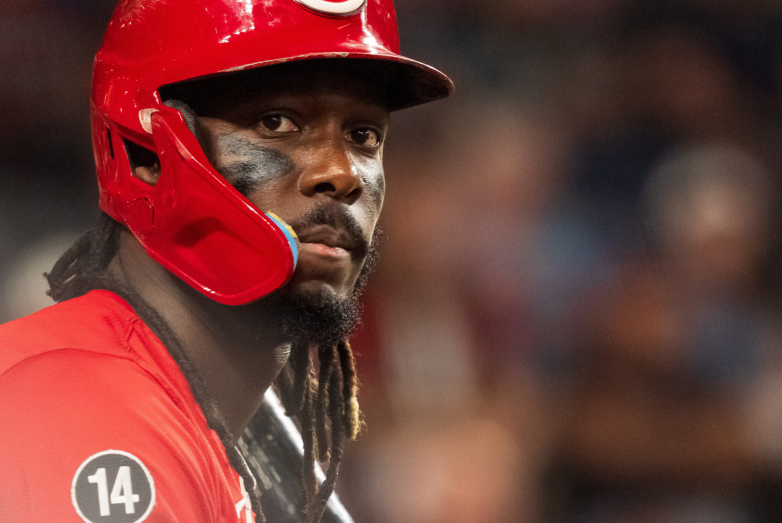 Aug 23, 2025; Phoenix, Arizona, USA; Cincinnati Reds infielder Elly De La Cruz (44) watches on from the batters box during the fourth inning against the Arizona Diamondbacks at Chase Field. Mandatory Credit: Allan Henry-Imagn Images