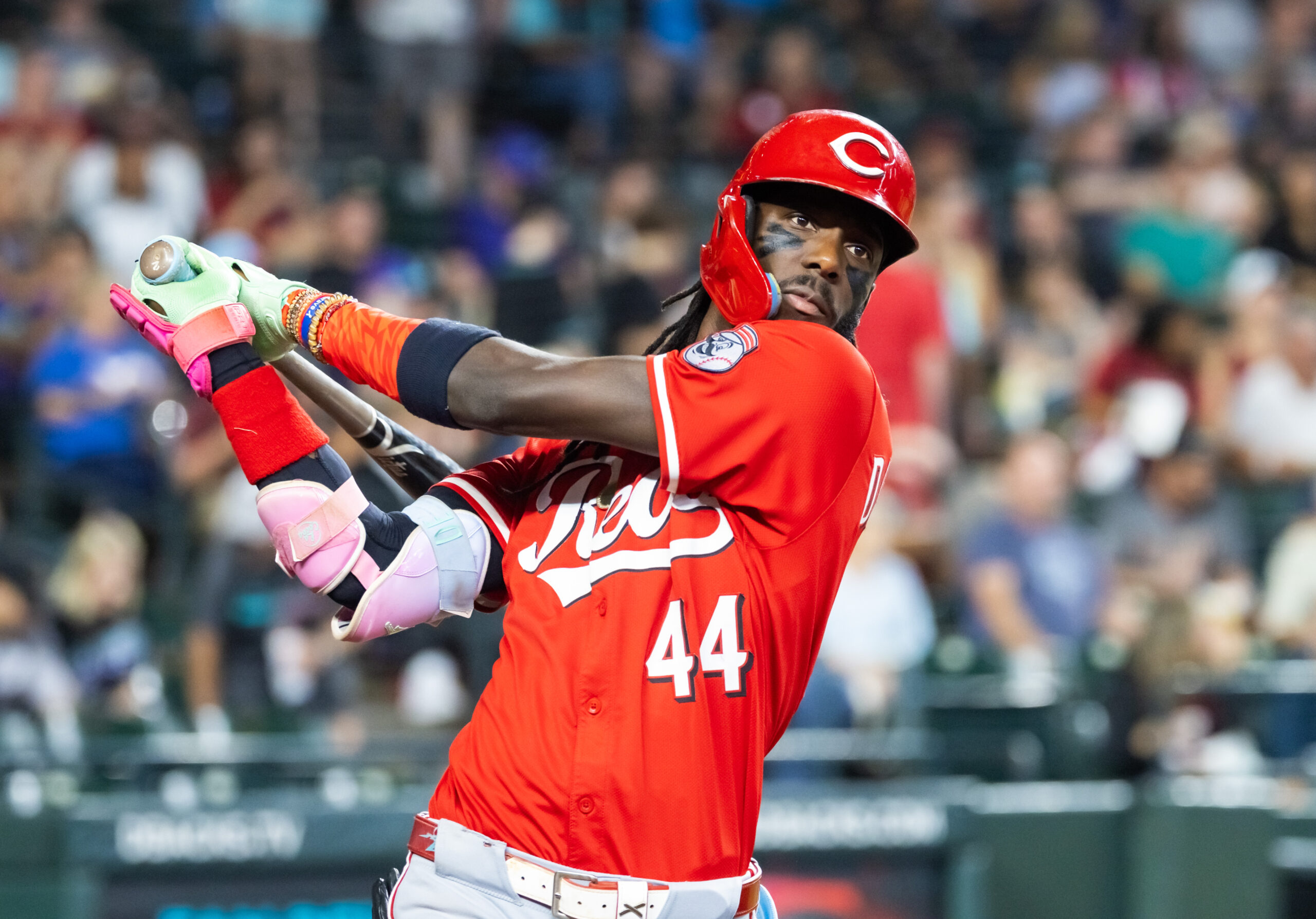 Aug 24, 2025; Phoenix, Arizona, USA; Cincinnati Reds shortstop Elly De La Cruz against the Arizona Diamondbacks at Chase Field. Mandatory Credit: Mark J. Rebilas-Imagn Images