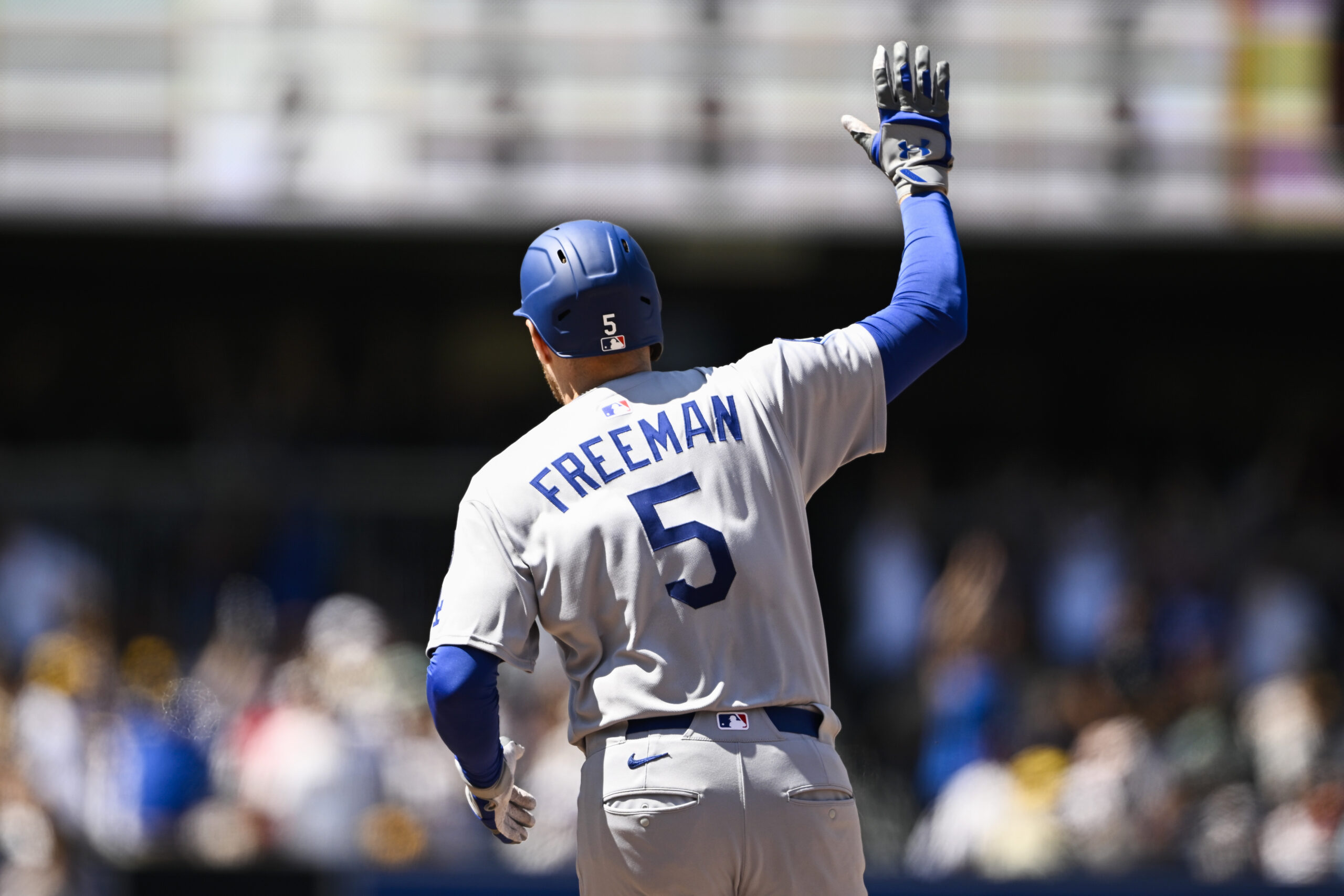 Aug 24, 2025; San Diego, California, USA; Los Angeles Dodgers first baseman Freddie Freeman (5) rounds the bases after hitting a solo home run during the sixth inning against the San Diego Padres at Petco Park. Mandatory Credit: Denis Poroy-Imagn Images