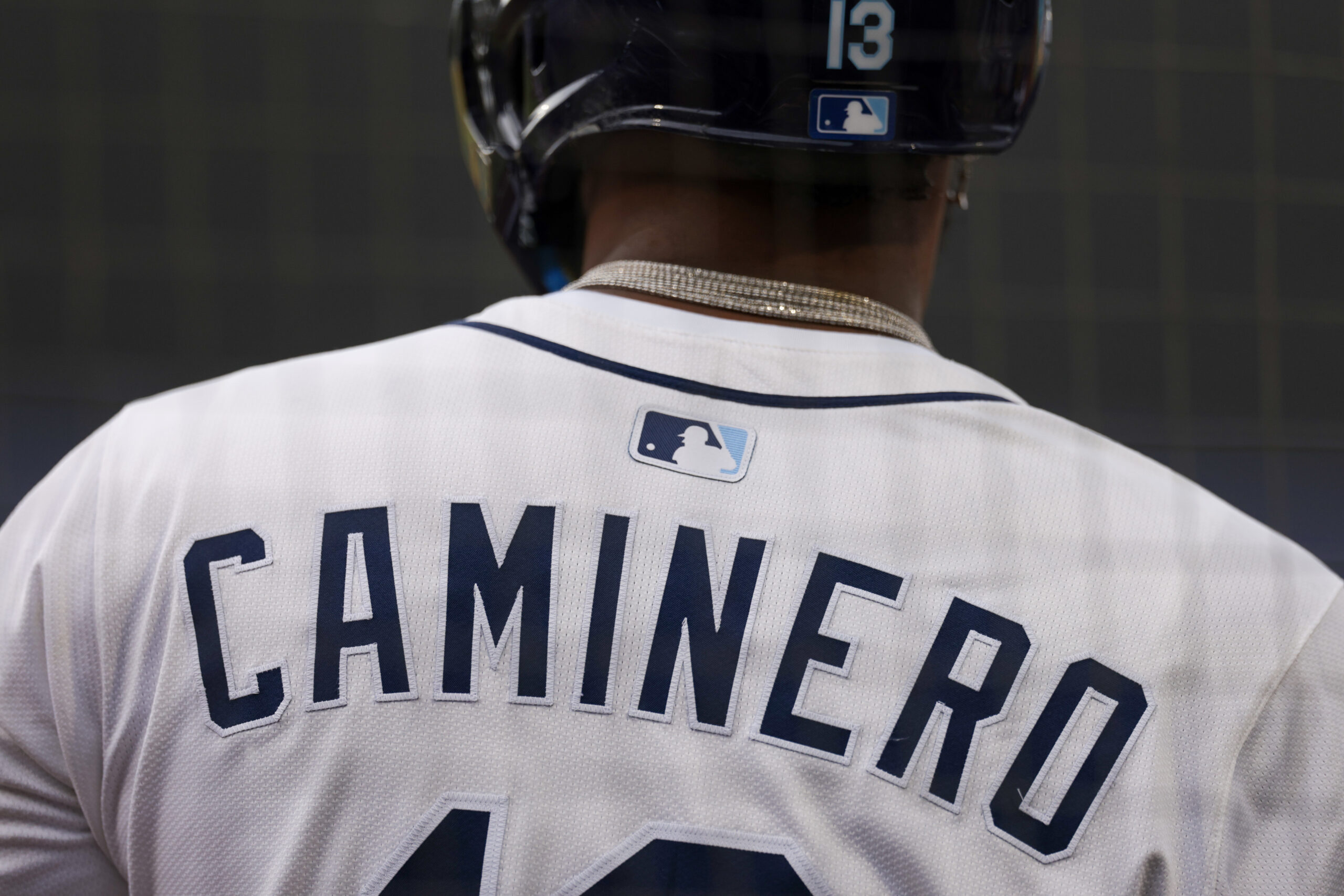 Aug 24, 2025; Tampa, Florida, USA; Tampa Bay Rays third baseman Junior Caminero (13) looks on against the St. Louis Cardinals in the third inning at George M. Steinbrenner Field. Mandatory Credit: Nathan Ray Seebeck-Imagn Images