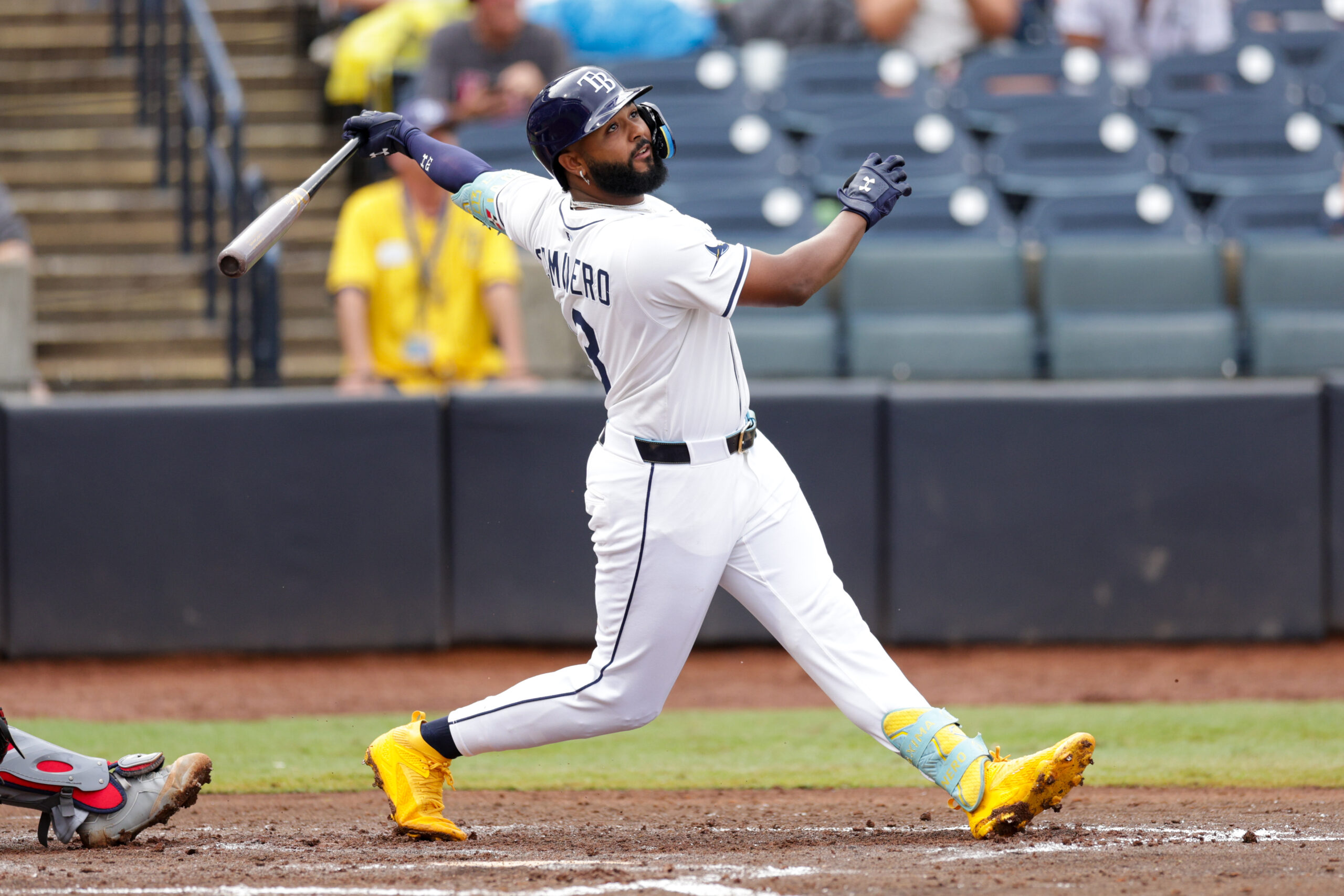 Aug 24, 2025; Tampa, Florida, USA; Tampa Bay Rays third baseman Junior Caminero (13) hits a grand slam against the St. Louis Cardinals in the fifth inning at George M. Steinbrenner Field. Mandatory Credit: Nathan Ray Seebeck-Imagn Images