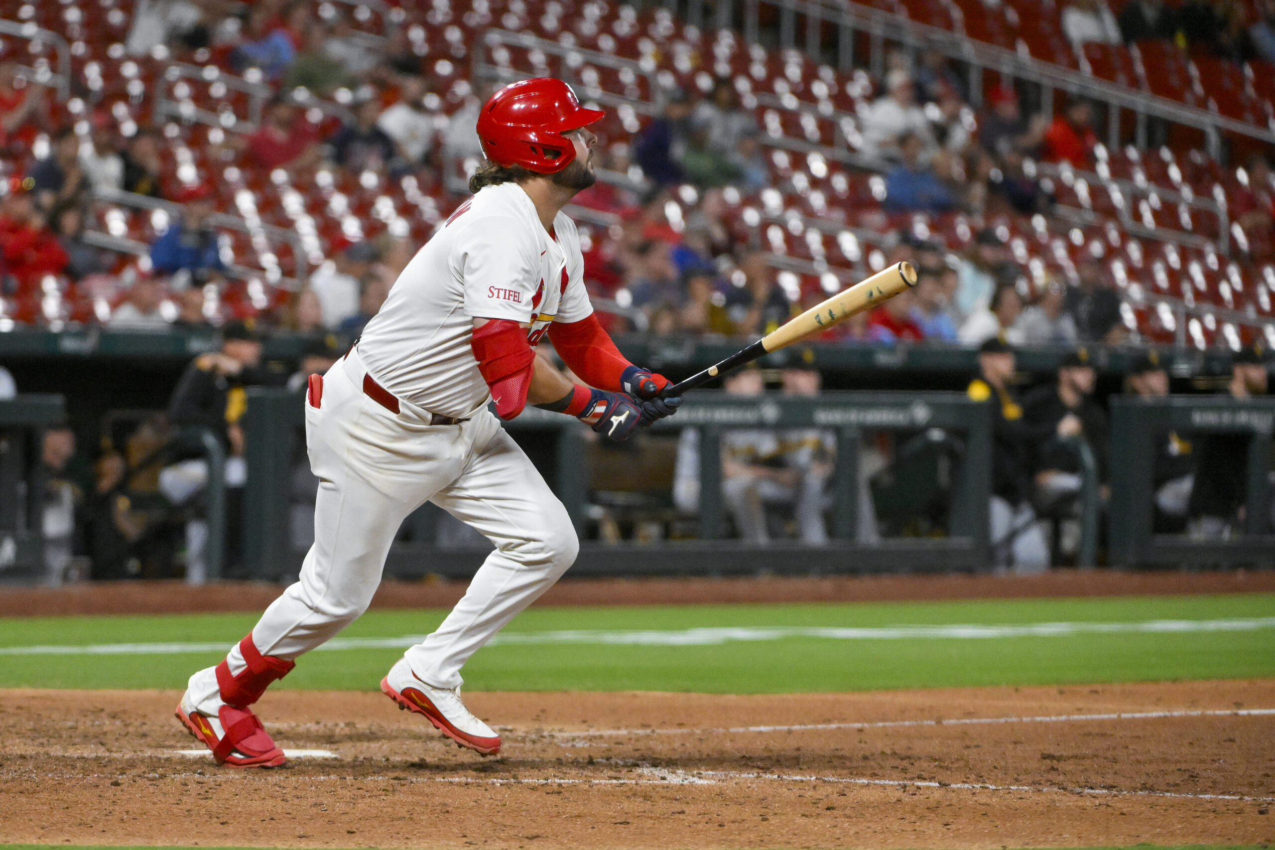 Aug 25, 2025; St. Louis, Missouri, USA; St. Louis Cardinals first baseman Alec Burleson (41) hits a walk-off solo home run against the Pittsburgh Pirates during the ninth inning at Busch Stadium. Mandatory Credit: Jeff Curry-Imagn Images