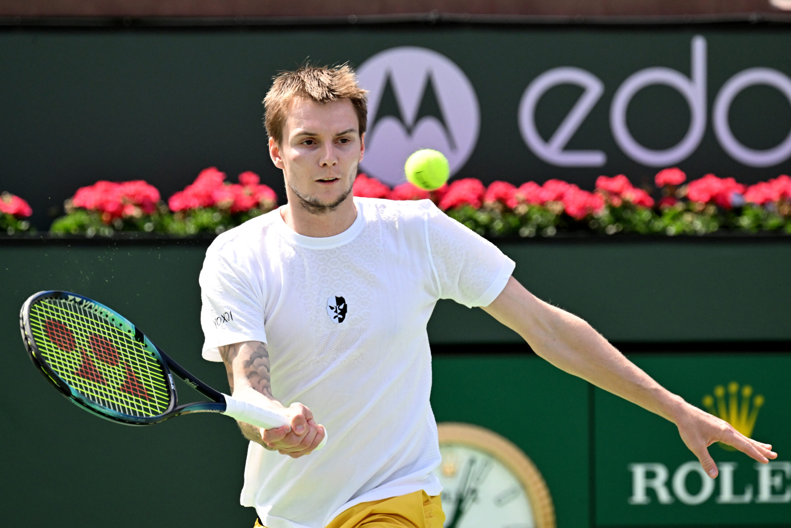 Mar 13, 2022; Indian Wells, CA, USA;  Alexander Bublik (KAZ) hits a shot against Andy Murray (GBR) during a second round match at the BNP Paribas Open at the Indian Wells Tennis Garden. Mandatory Credit: Jayne Kamin-Oncea-Imagn Images