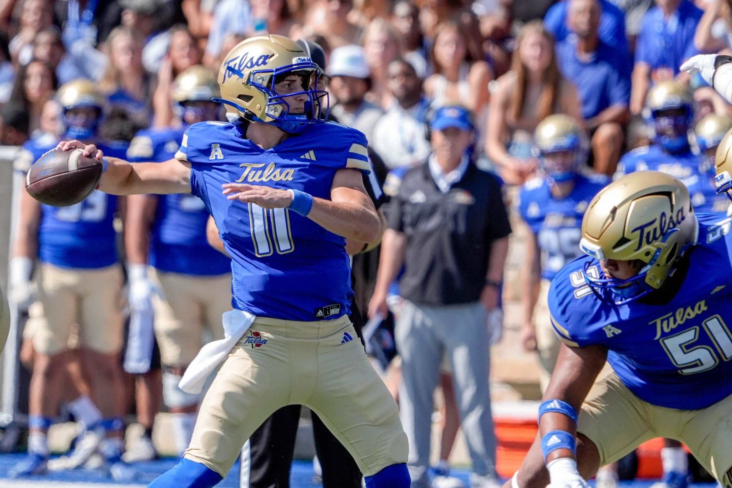 Tulsa quarterback Kirk Francis (11) passes the ball in the first half during an NCAA football game between Oklahoma State and Tulsa in Tulsa, Okla., on Saturday, Sept. 14, 2024.