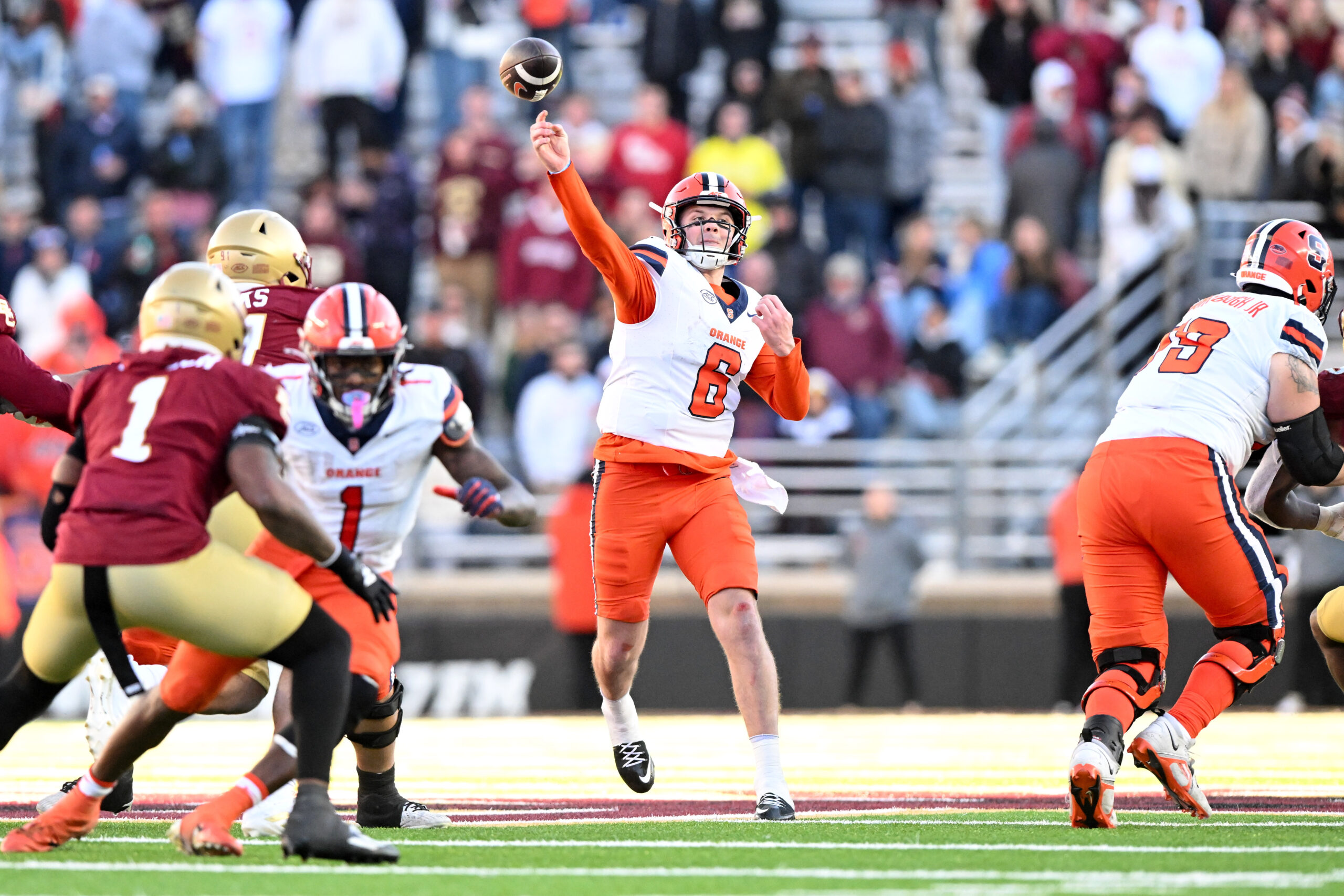 Nov 9, 2024; Chestnut Hill, Massachusetts, USA; Syracuse Orange quarterback Kyle McCord (6) throws against the Boston College Eagles during the second half at Alumni Stadium. Mandatory Credit: Brian Fluharty-Imagn Images
