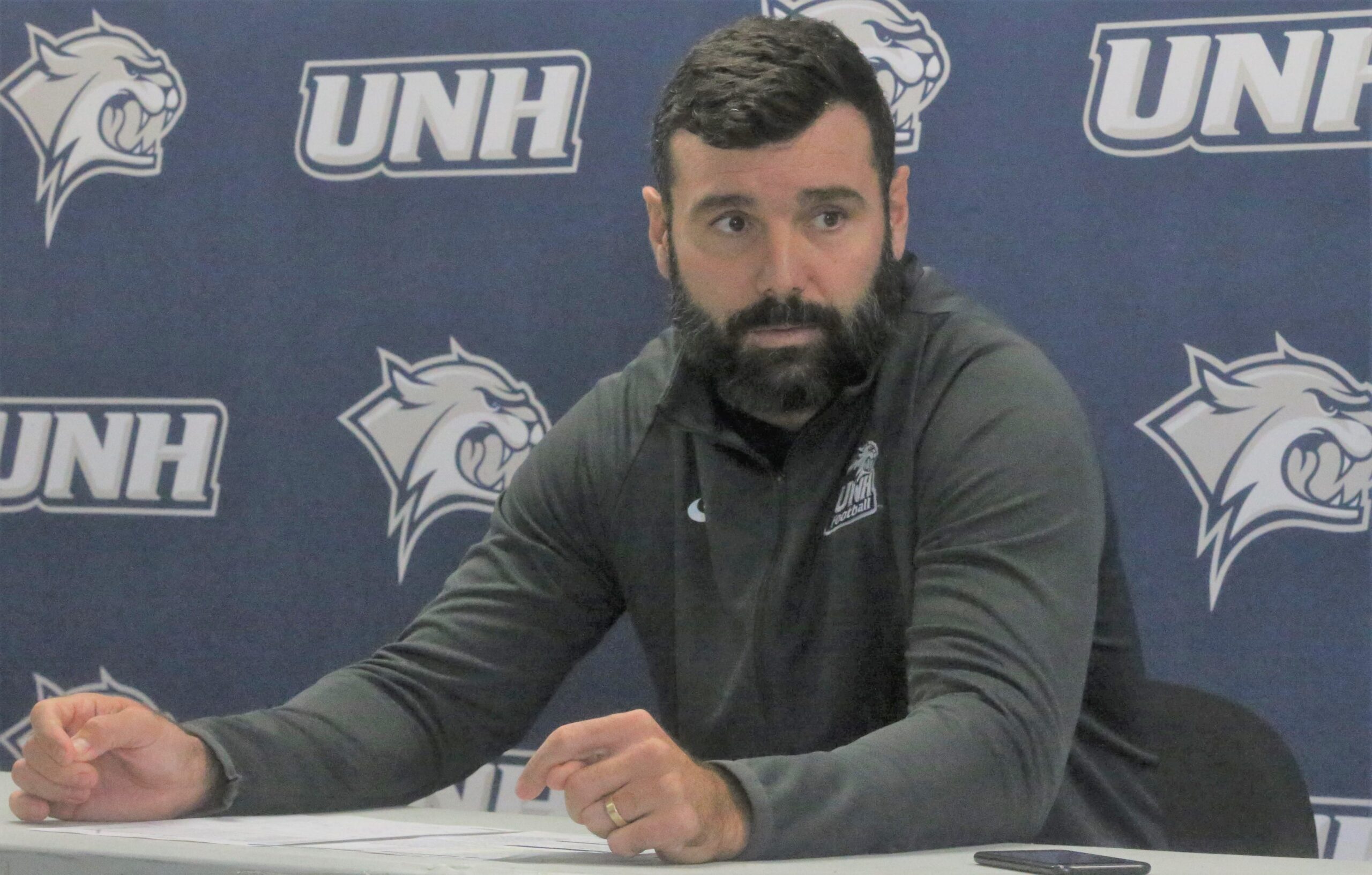 University of New Hampshire head football coach Rick Santos speaks to the media Wednesday, Nov. 27, 2024, prior to Saturday's NCAA Division I FCS first-round game against UT Martin.
