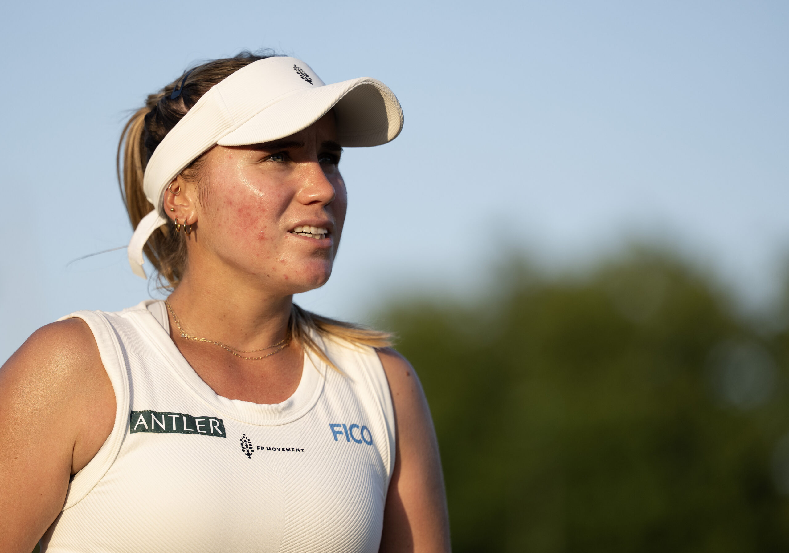 Jul 1, 2025; Wimbledon, UNITED KINGDOM; Sofia Kenin of the United States after winning her match against Taylor Townsend of the United States on day two at the All England Lawn Tennis and Croquet Club. Mandatory Credit: Susan Mullane-Imagn Images
