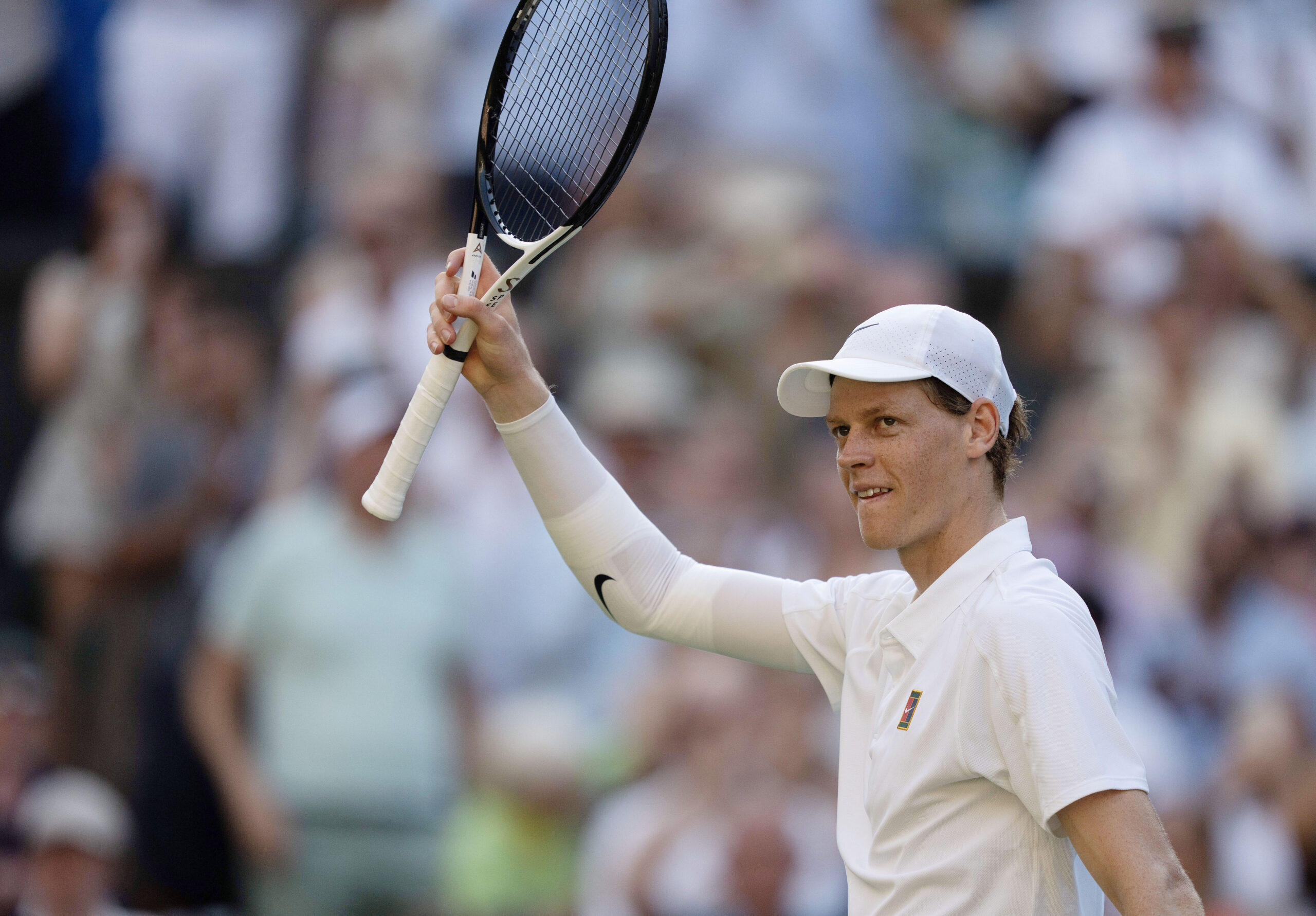 Jul 11, 2025; Wimbledon, United Kingdom; Jannik Sinner of Italy celebrates winning his match against Novak Djokovic of Serbia on day 12 at All England Lawn Tennis and Croquet Club. Mandatory Credit: Susan Mullane-Imagn Images