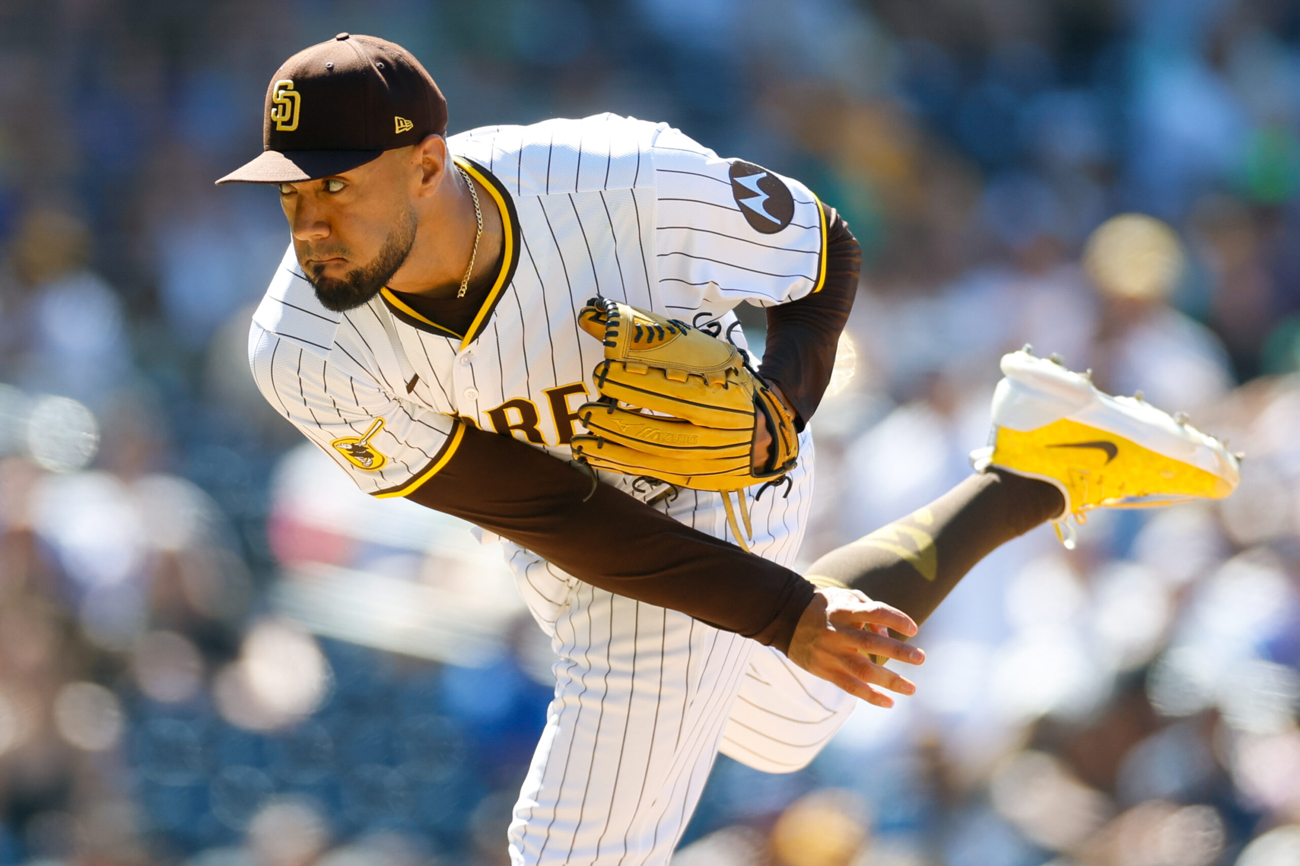 Jul 30, 2025; San Diego, California, USA; San Diego Padres relief pitcher Robert Suarez (75) throws a pitch during the ninth inning against the New York Mets at Petco Park. Mandatory Credit: David Frerker-Imagn Images