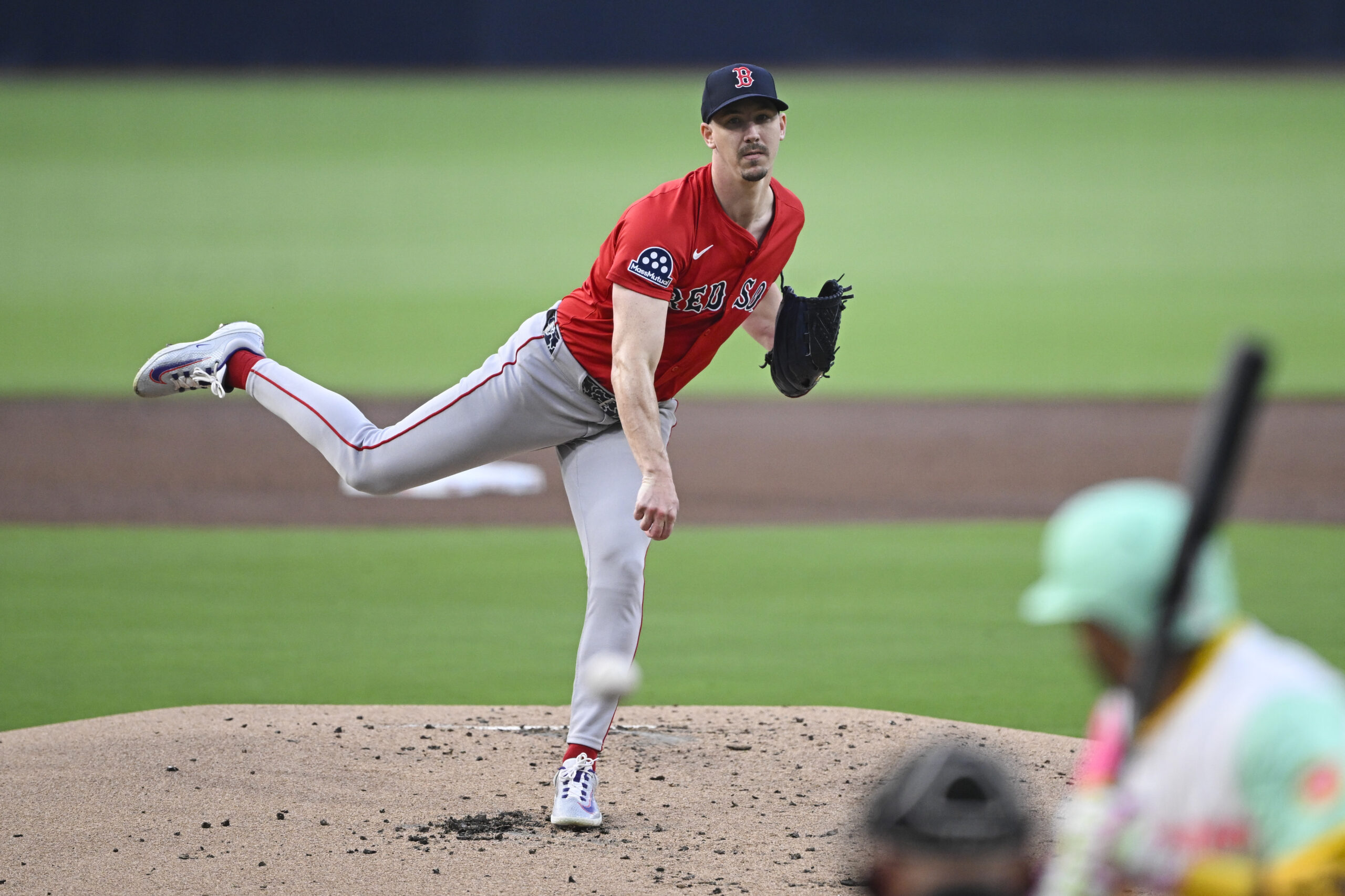 Aug 8, 2025; San Diego, California, USA; Boston Red Sox starting pitcher Walker Buehler (0) delivers during the first inning against the San Diego Padres at Petco Park. Mandatory Credit: Denis Poroy-Imagn Images