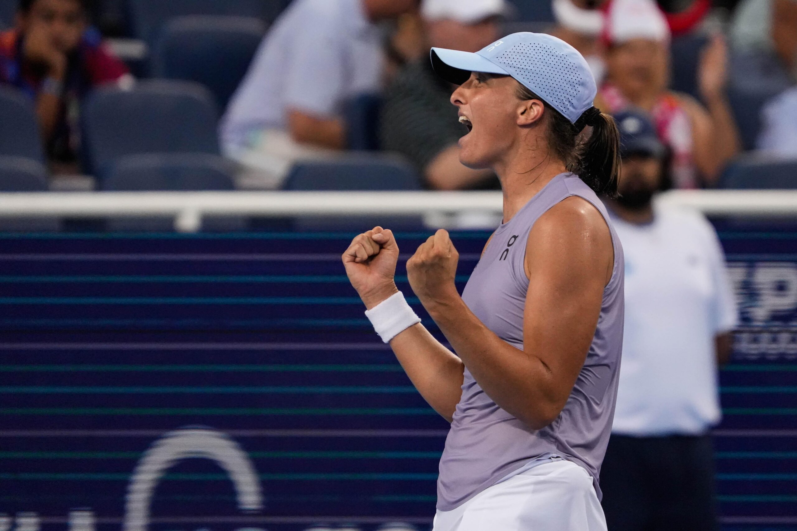 Iga Swiatek celebrates her victory after her Women's Singles Finals match against Jasmine Paolini at the Cincinnati Open in Mason, Ohio on Monday August 18, 2025. Swiatek beat Paolini 7-5, 6-4.