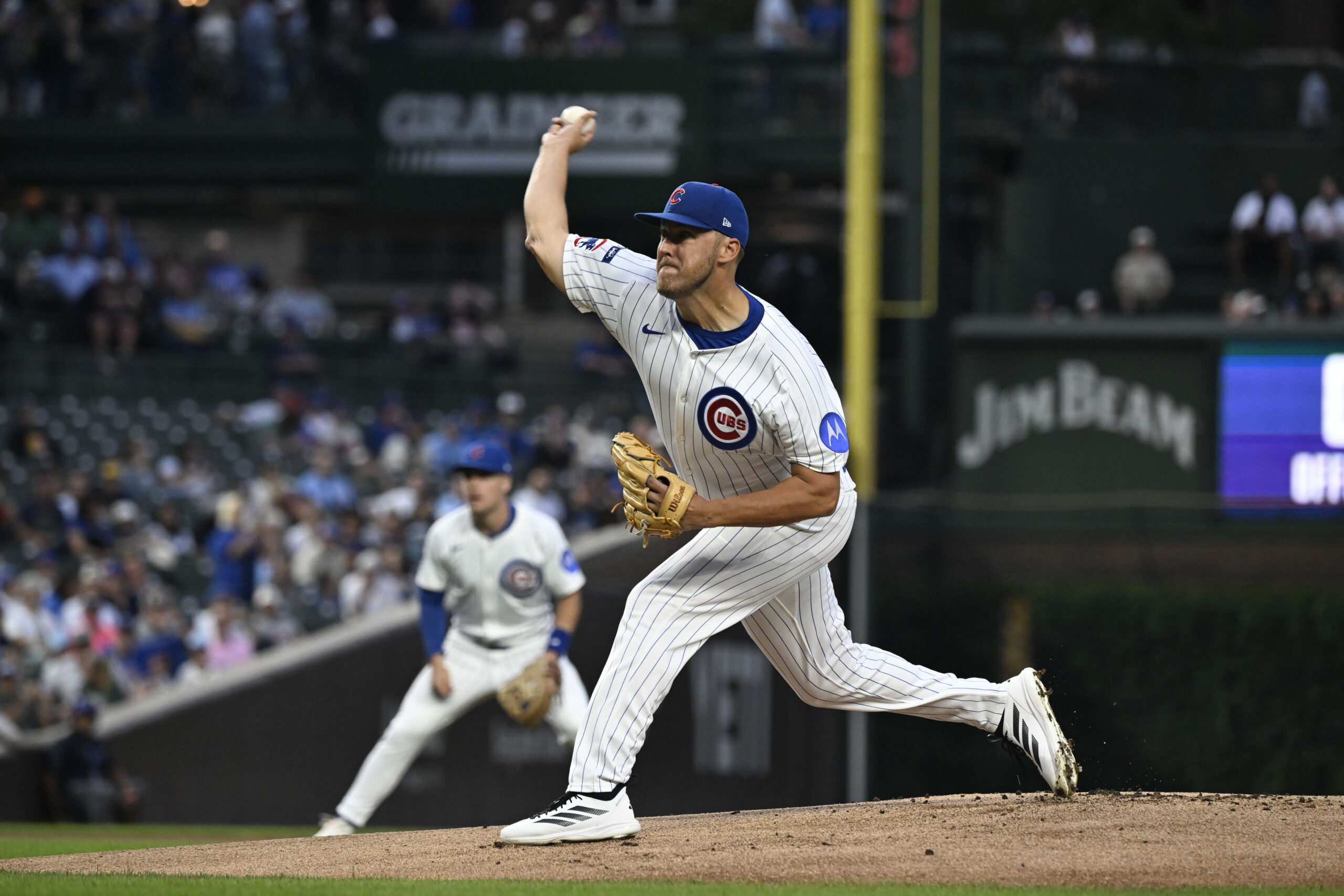 Aug 19, 2025; Chicago, Illinois, USA;  Chicago Cubs pitcher Jameson Taillon (50) delivers during the first inning against the Milwaukee Brewers at Wrigley Field. Mandatory Credit: Matt Marton-Imagn Images