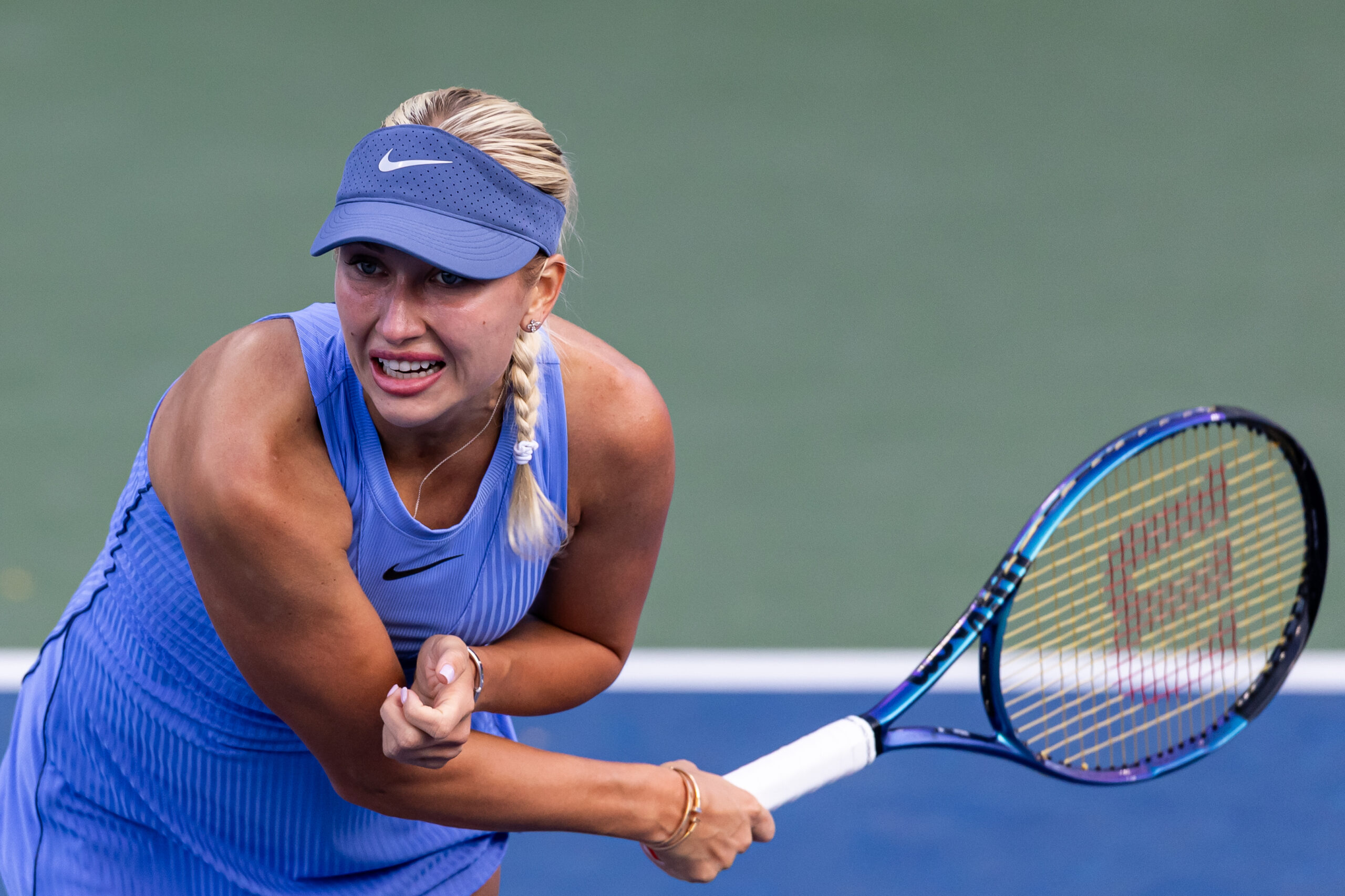 Aug 24, 2025; Flushing, NY, USA; Anastasia Potapova of Russia in action against Zhu Lin of China in the women’s single at the US Open at Billie Jean King National Tennis Centre. Mandatory Credit: Mike Frey-Imagn Images