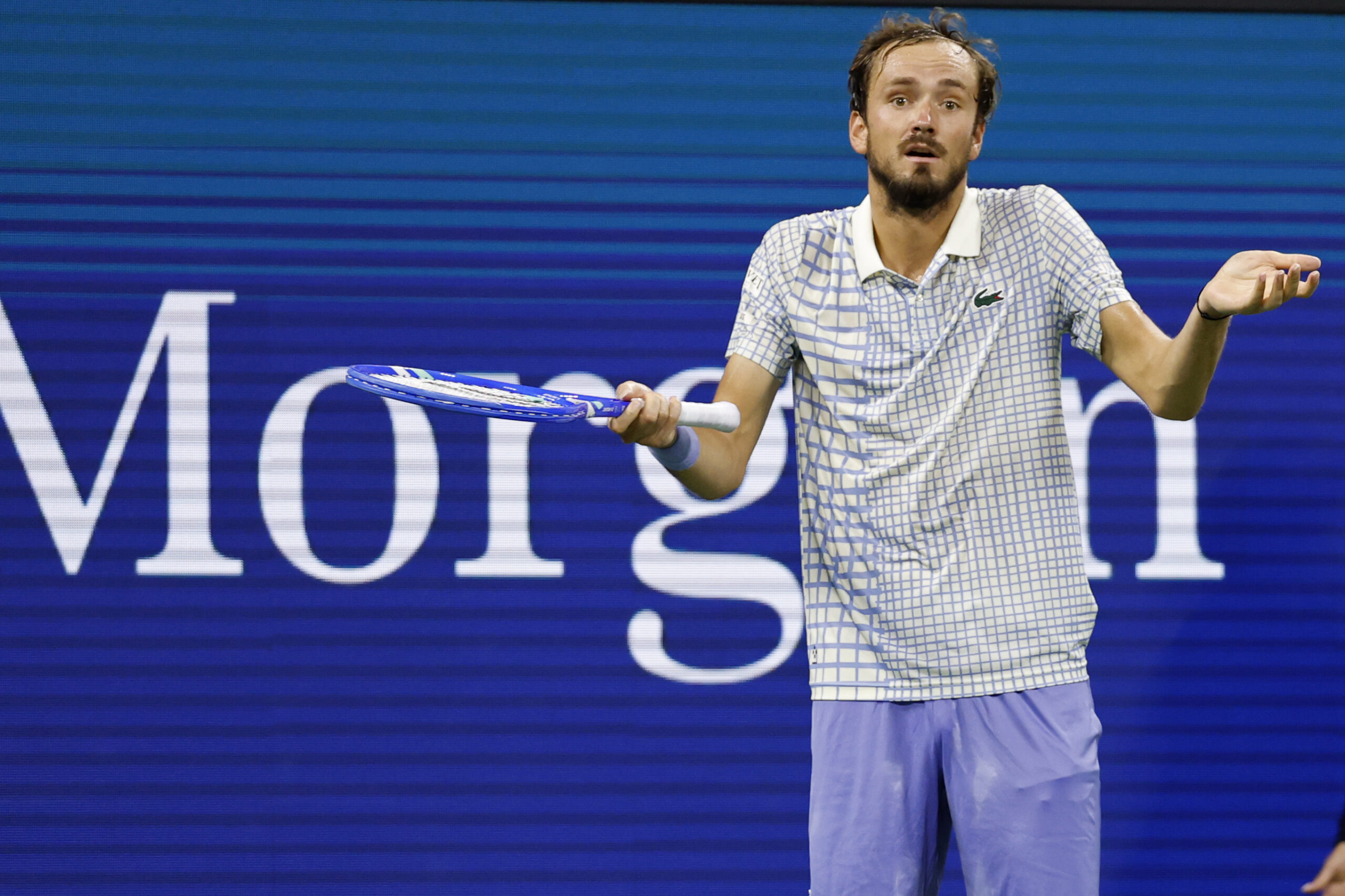Aug 24, 2025; Flushing, NY, USA; Daniil Medvedev gestures after losing a point against Benjamin Bonzi (FRA)(R) on day one of the 2025 US Open at USTA Billie Jean King National Tennis Center. Mandatory Credit: Geoff Burke-Imagn Images