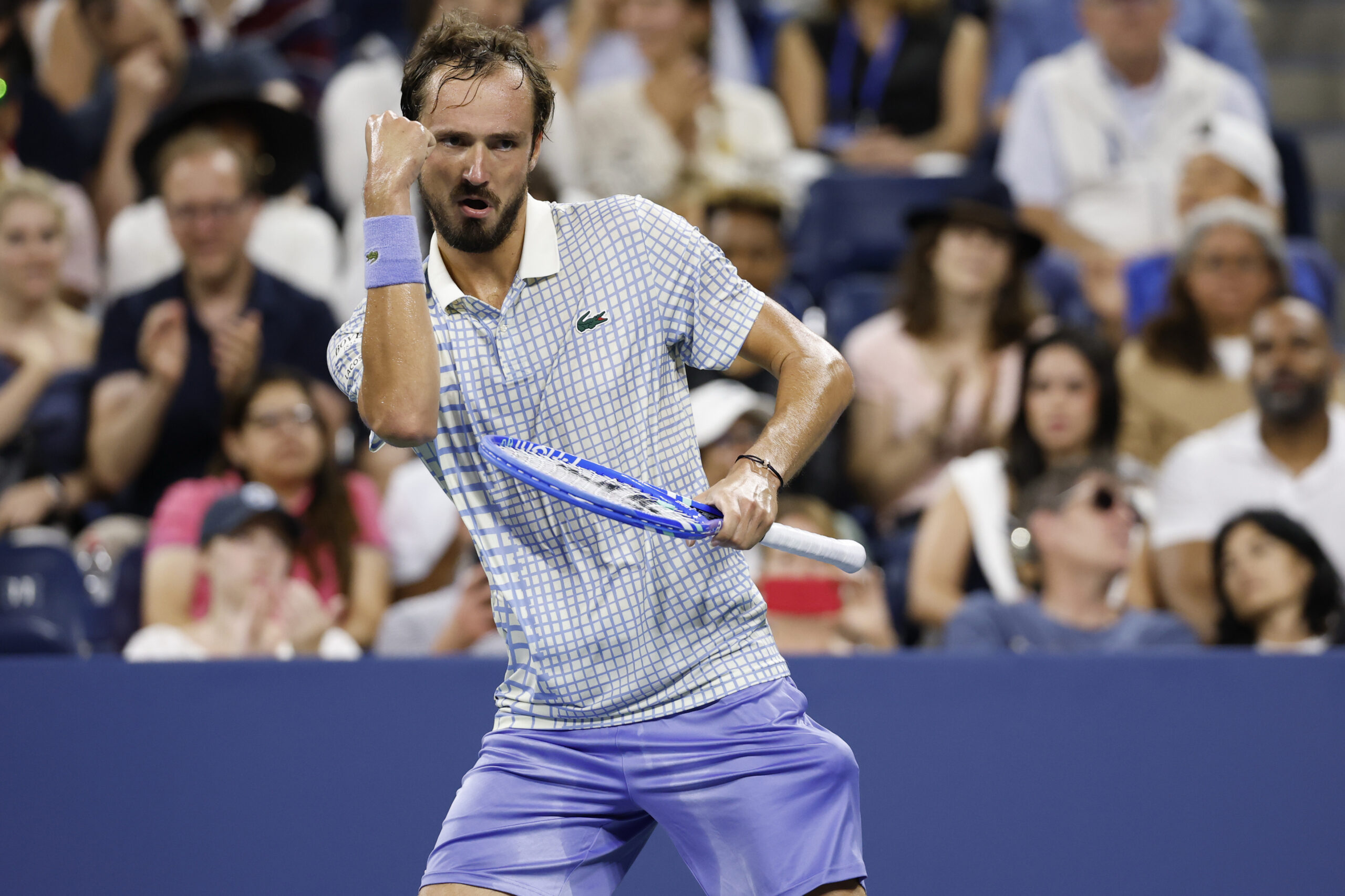 Aug 24, 2025; Flushing, NY, USA; Daniil Medvedev gestures towards his player's box after losing a point against Benjamin Bonzi (FRA)(R) on day one of the 2025 US Open at USTA Billie Jean King National Tennis Center. Mandatory Credit: Geoff Burke-Imagn Images