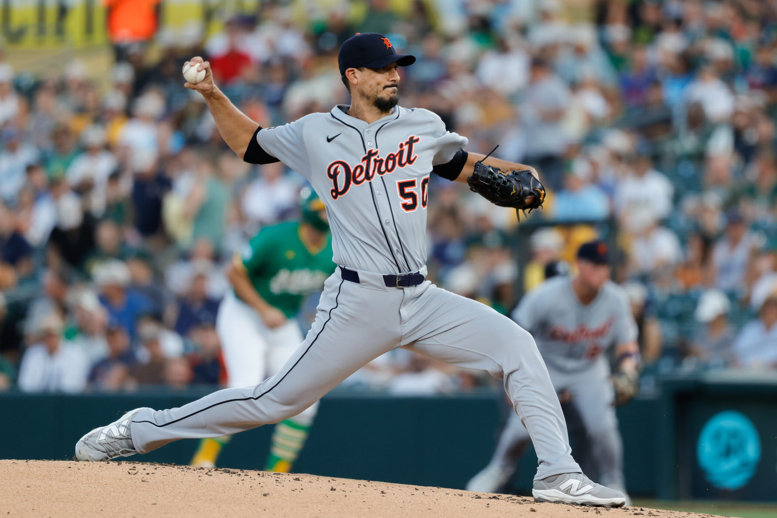 Aug 26, 2025; West Sacramento, California, USA; Detroit Tigers pitcher Charlie Morton (50) throws a pitch during the first inning against the Athletics at Sutter Health Park. Mandatory Credit: Sergio Estrada-Imagn Images