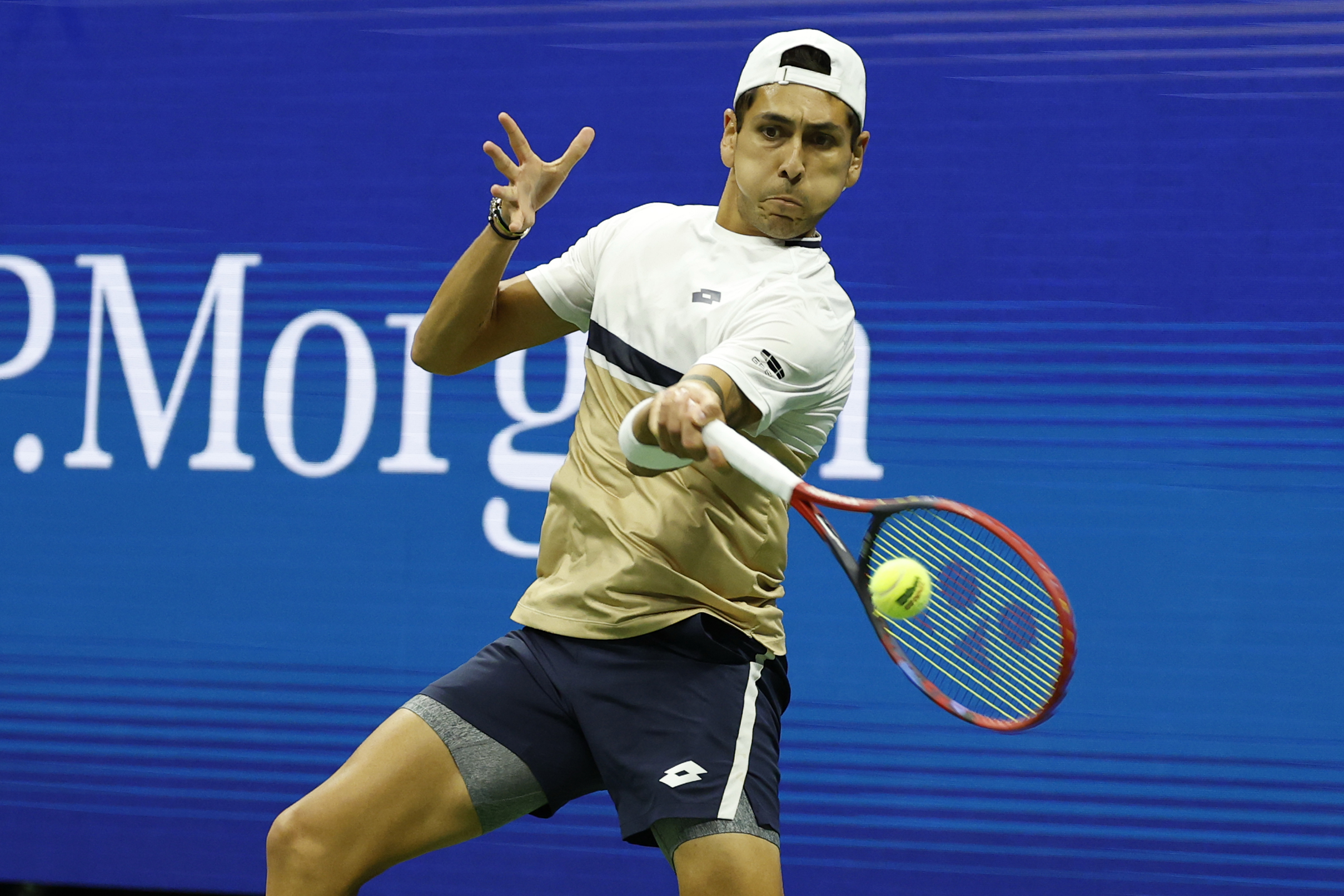 Aug 26, 2025; Flushing, NY, USA; Alejandro Tabilo (CHI) hits a forehand against Alexander Zverev (GER) (not pictured) on day three of the 2025 U.S. Open tennis tournament at the USTA Billie Jean King National Tennis Center at Billie Jean King National Tennis Center. Mandatory Credit: Amber Searls-Imagn Images