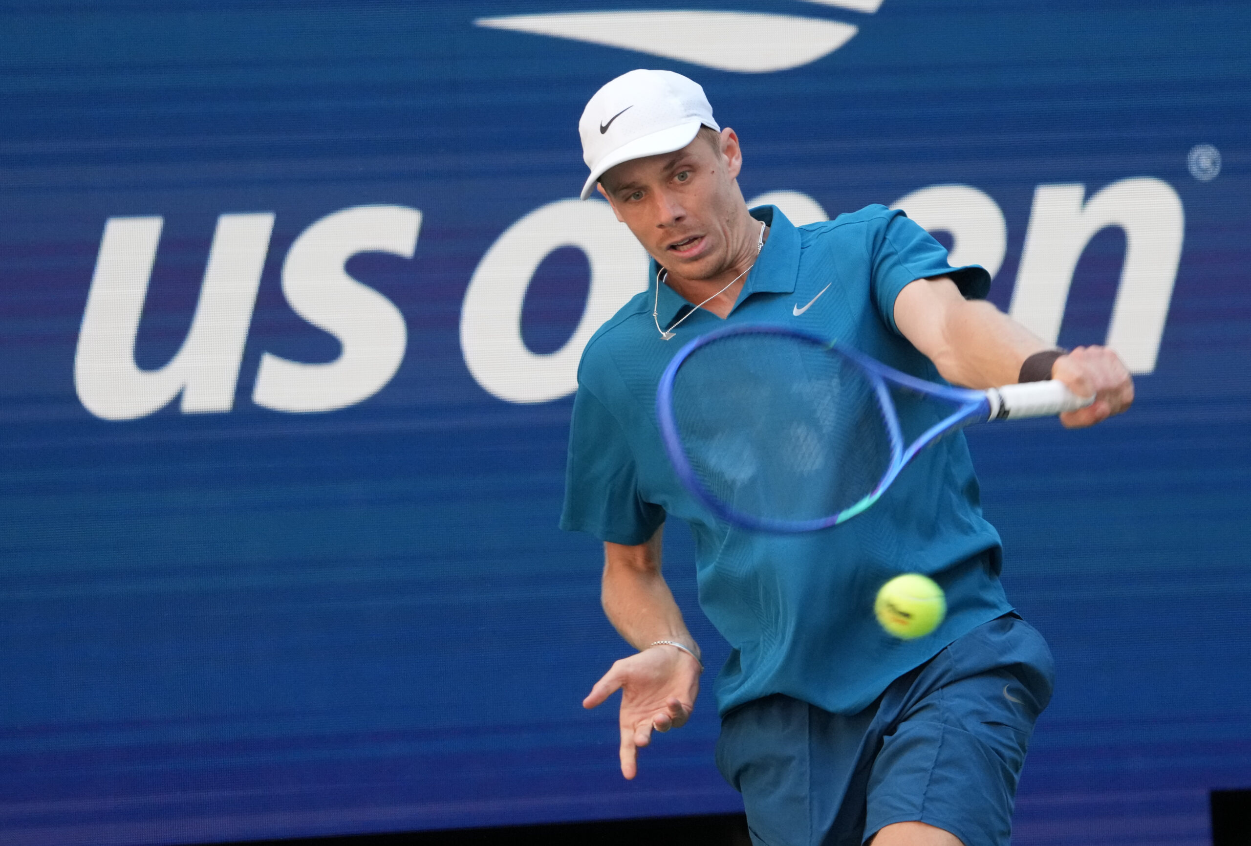 Aug 30, 2025; Flushing, NY, USA;  Denis Shapovalov (CAN) hits to Jannik Sinner (ITA) (not pictured) on day seven of the 2025 U.S. Open tennis tournament at the USTA Billie Jean King National Tennis Center. Mandatory Credit: Robert Deutsch-Imagn Images