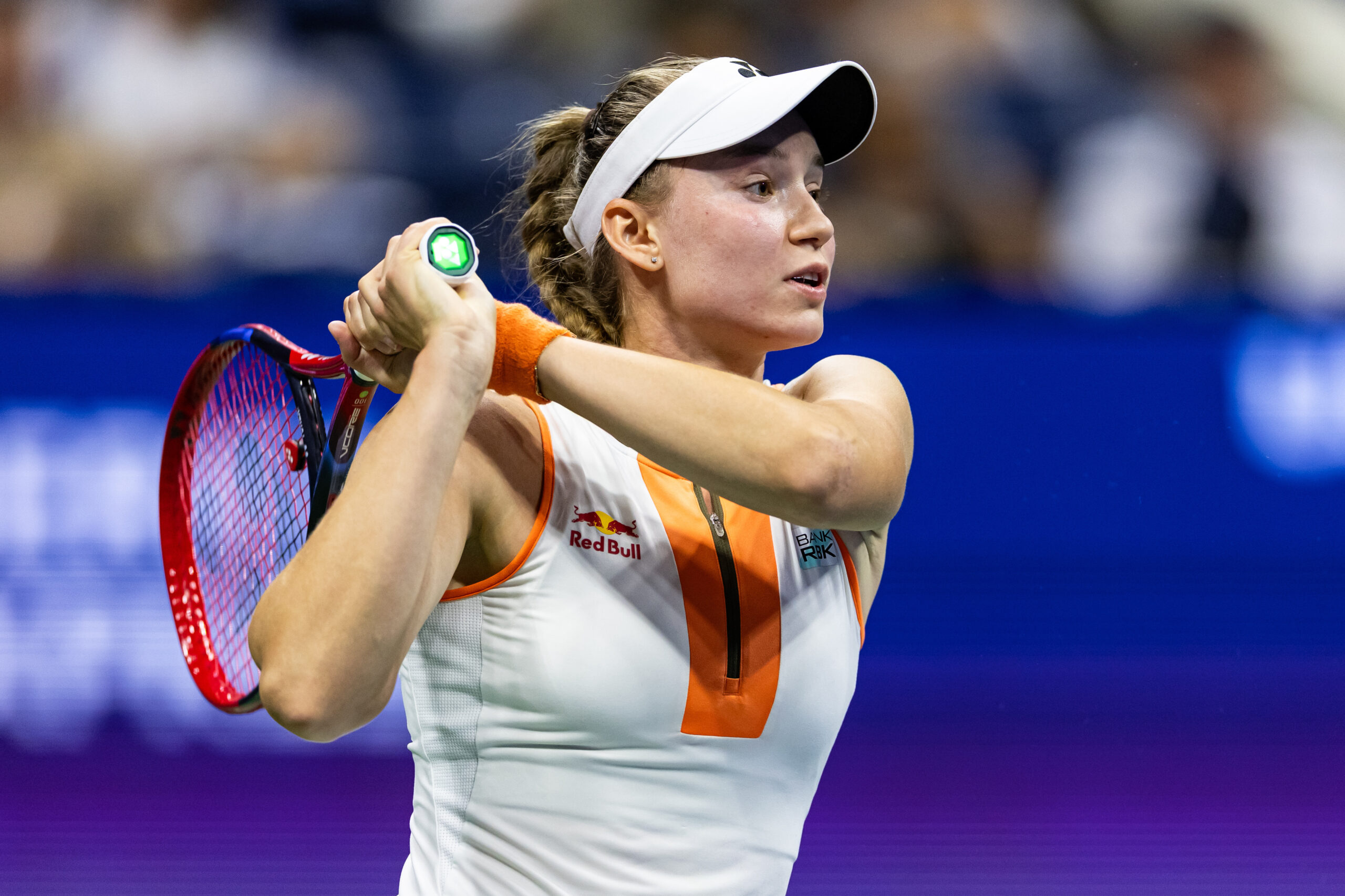 Aug 31, 2025; Flushing, NY, USA; Elena Rybakina of Kazakhstan in action against Marketa Vondrousova of Czech Republic in the fourth round of the women’s singles at the US Open at Arthur Ashe Stadium in Billie Jean King National Tennis Center. Mandatory Credit: Mike Frey-Imagn Images
