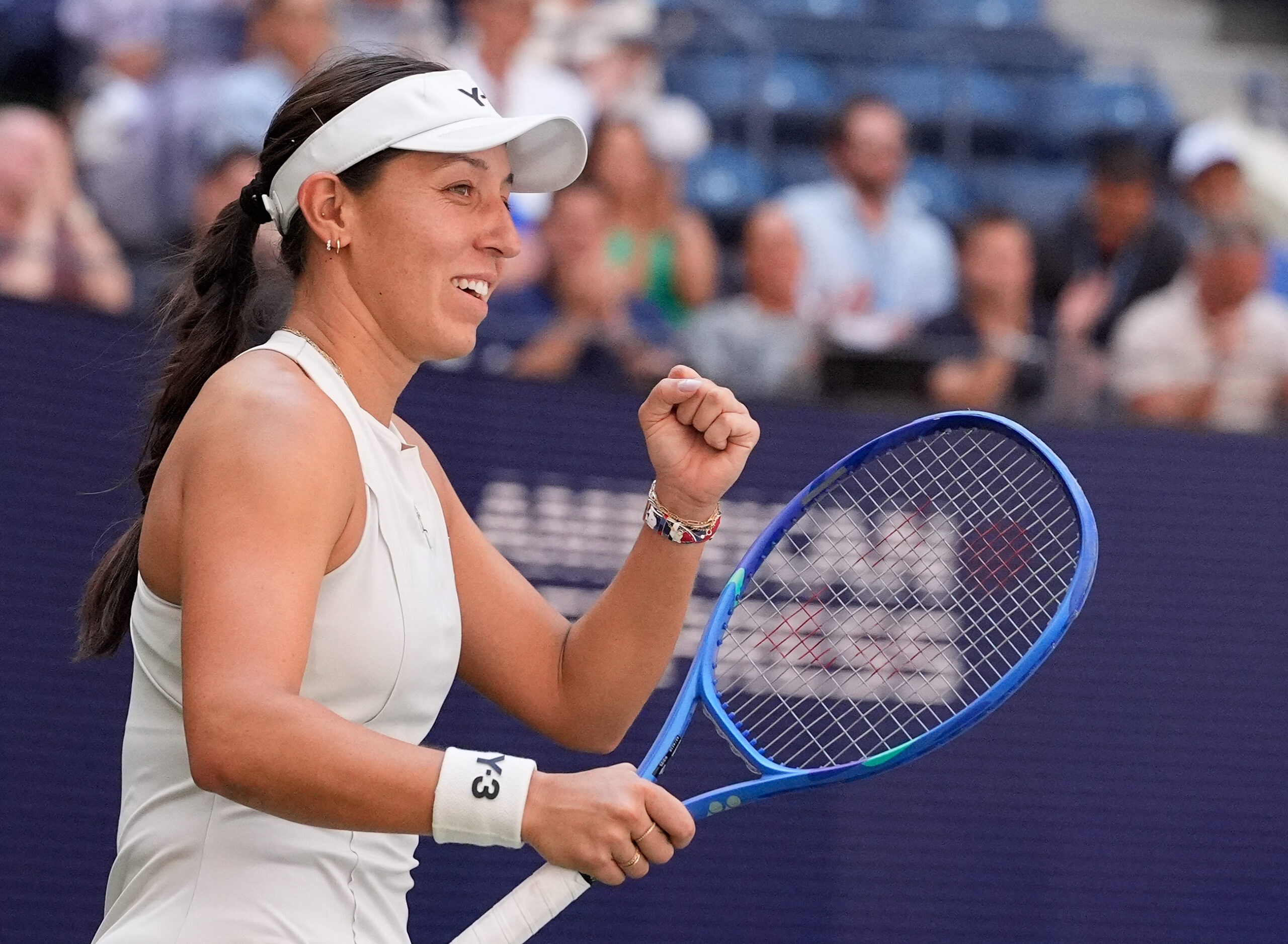 Sep 2, 2025; Flushing, NY, USA;  Jessica Pegula (USA) celebrates after beating Barbora Krejcikova (CZE) (not pictured) on day ten of the 2025 U.S. Open tennis tournament at the USTA Billie Jean King National Tennis Center. Mandatory Credit: Robert Deutsch-Imagn Images