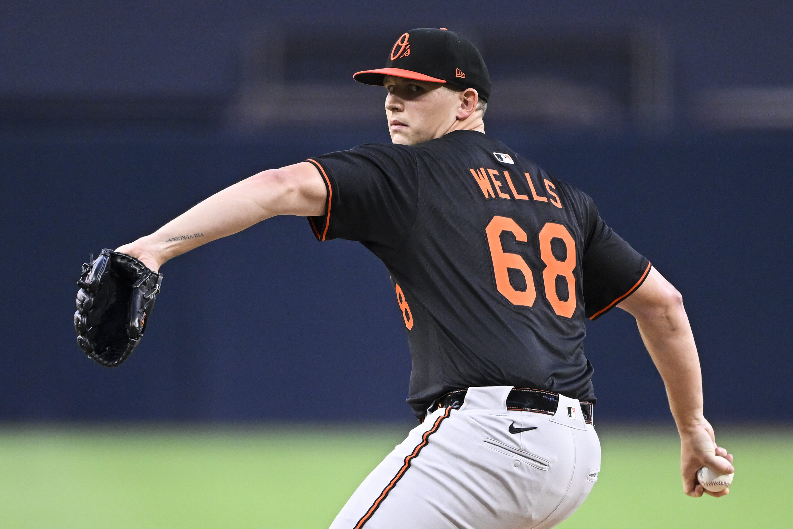 Sep 2, 2025; San Diego, California, USA; Baltimore Orioles Tyler Wells (68) delivers during the first inning against the San Diego Padres at Petco Park. Mandatory Credit: Denis Poroy-Imagn Images