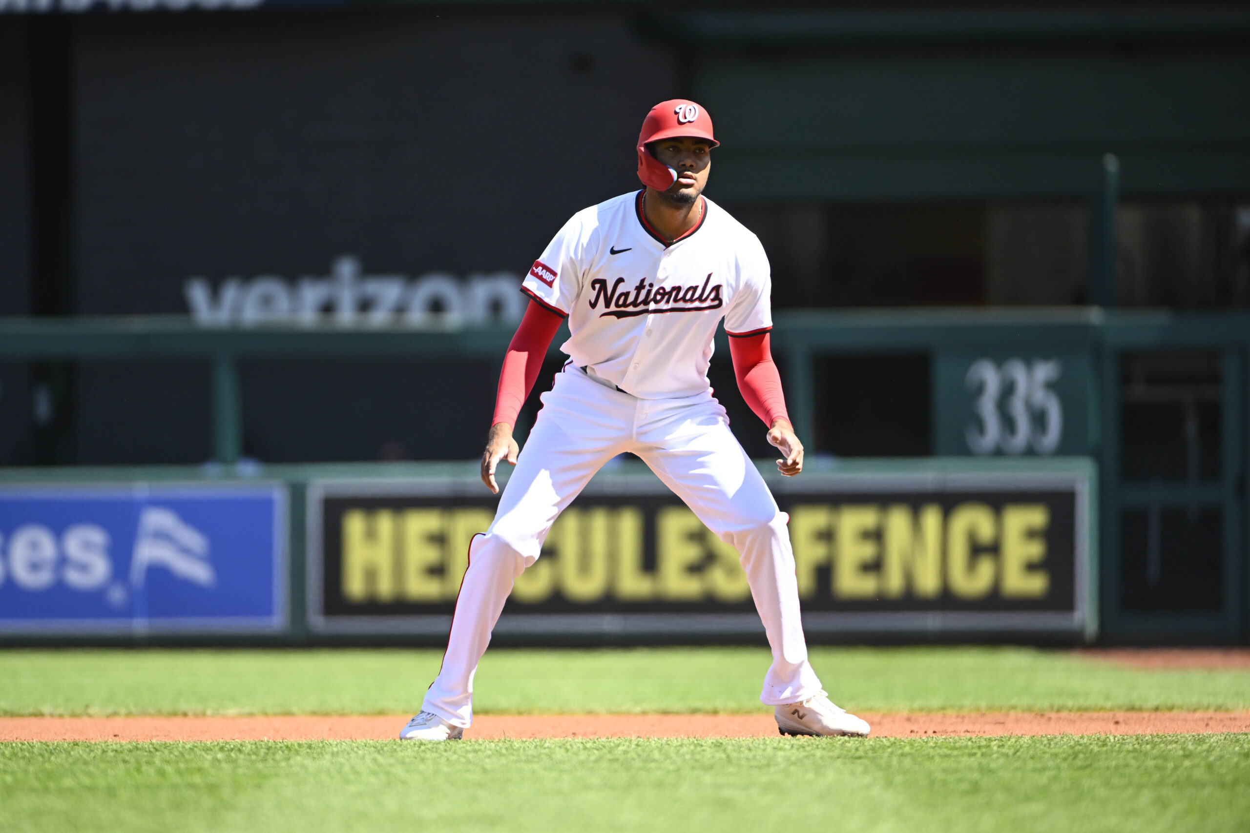 Sep 3, 2025; Washington, District of Columbia, USA; Washington Nationals designated hitter James Wood (29) in the field against the Miami Marlins during the first inning at Nationals Park. Mandatory Credit: Brad Mills-Imagn Images