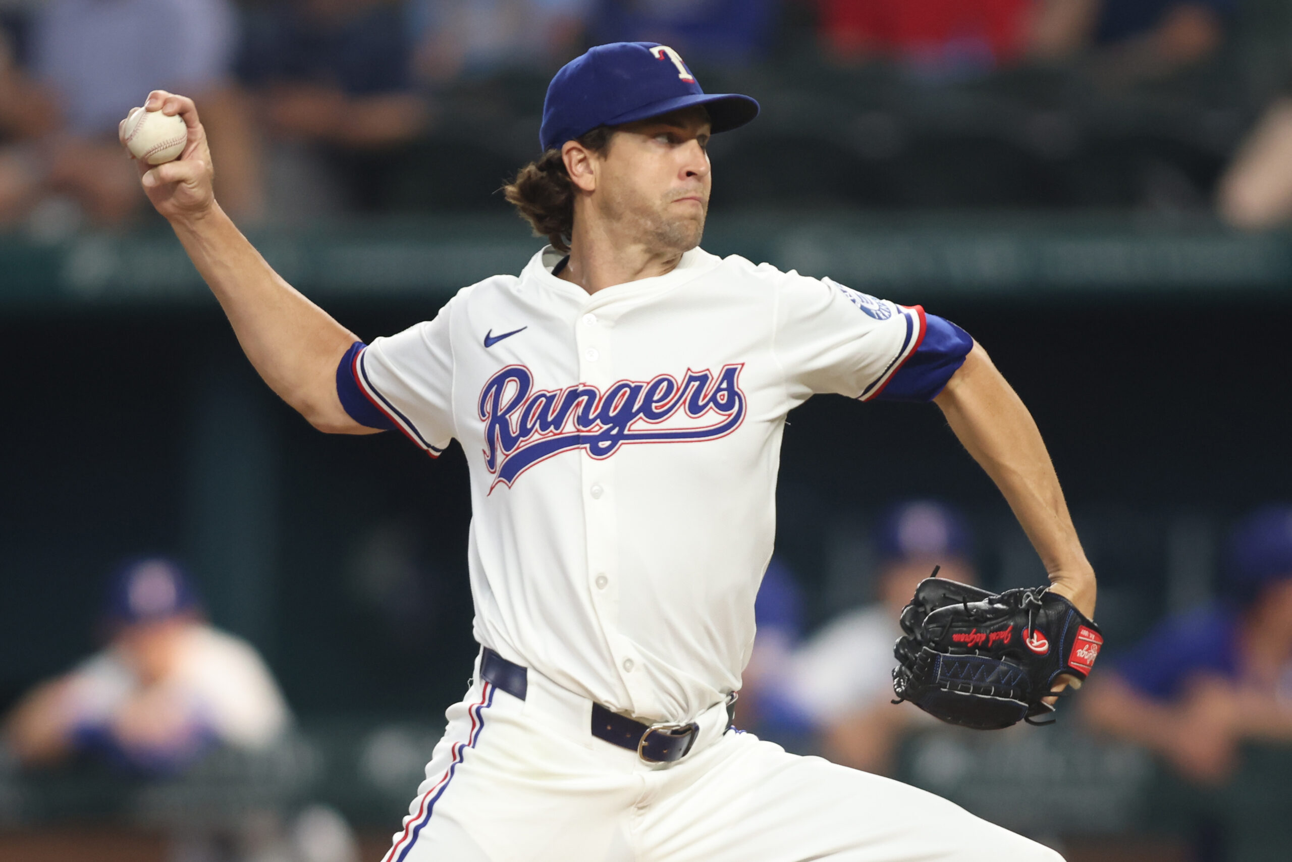 Sep 6, 2025; Arlington, Texas, USA; Texas Rangers pitcher Jacob deGrom (48) throws a pitch during the first inning against the Houston Astros at Globe Life Field. Mandatory Credit: Tim Heitman-Imagn Images