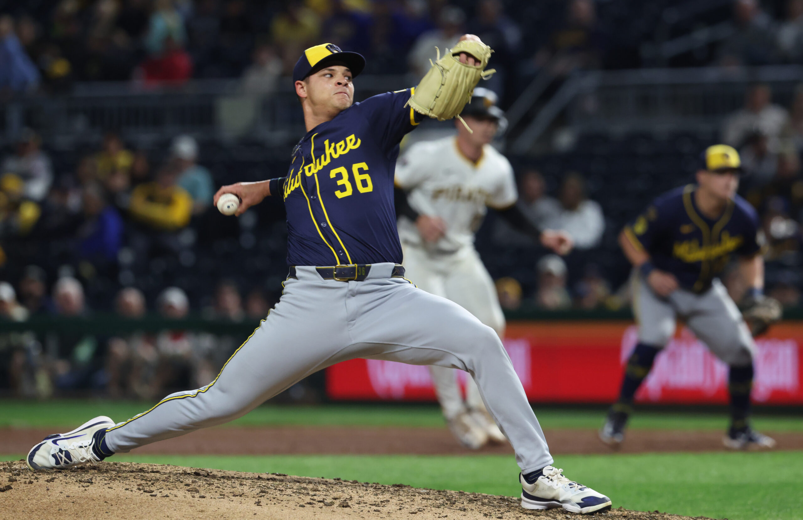 Sep 6, 2025; Pittsburgh, Pennsylvania, USA; Milwaukee Brewers relief pitcher Tobias Myers (36) pitches against the Pittsburgh Pirates during the eighth inning at PNC Park. Mandatory Credit: Charles LeClaire-Imagn Images