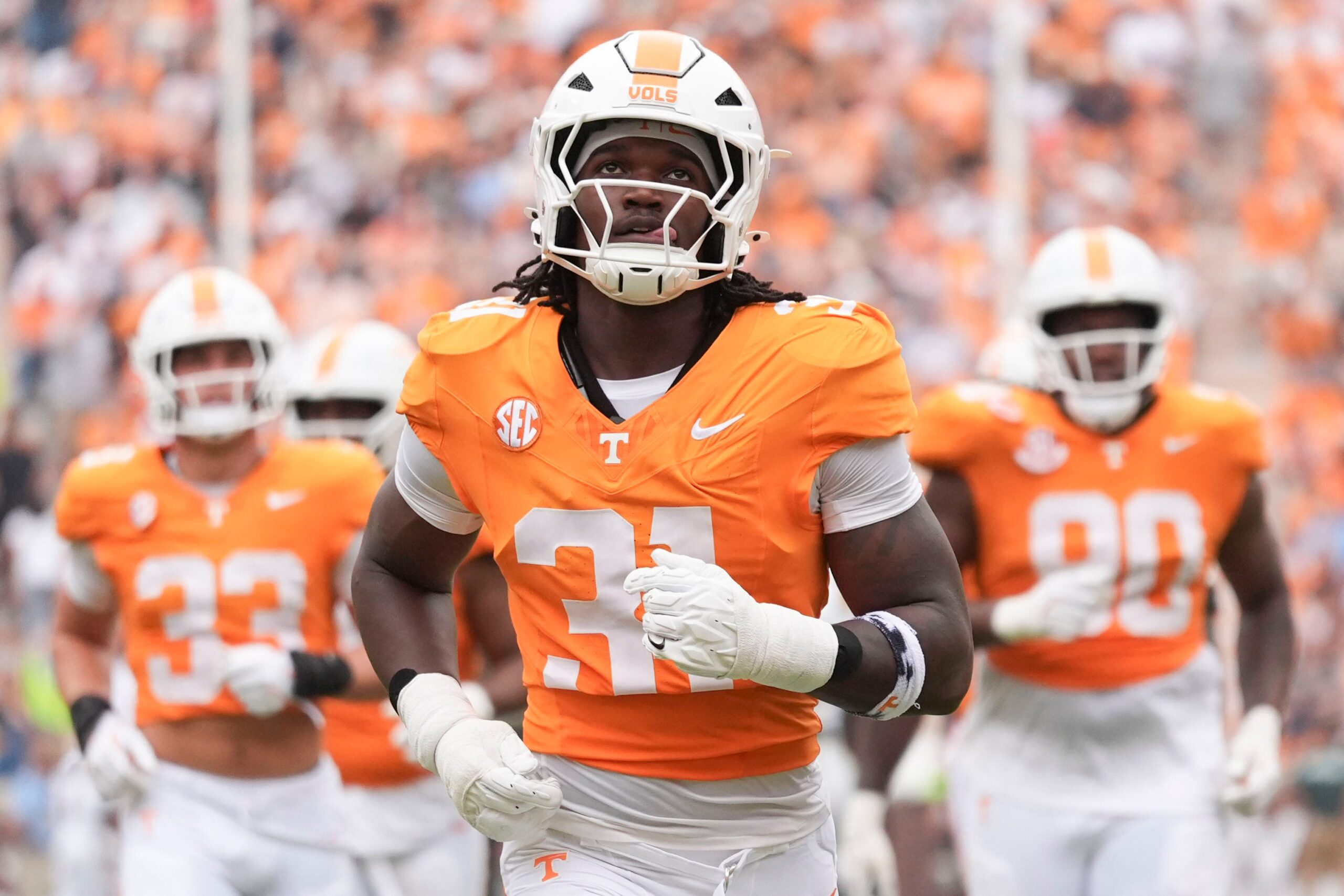 Tennessee defensive lineman Caleb Herring (31) heads to the locker room at halftime of the NCAA college football game against ETSU on September 6, 2025, in Knoxville, Tennessee.
