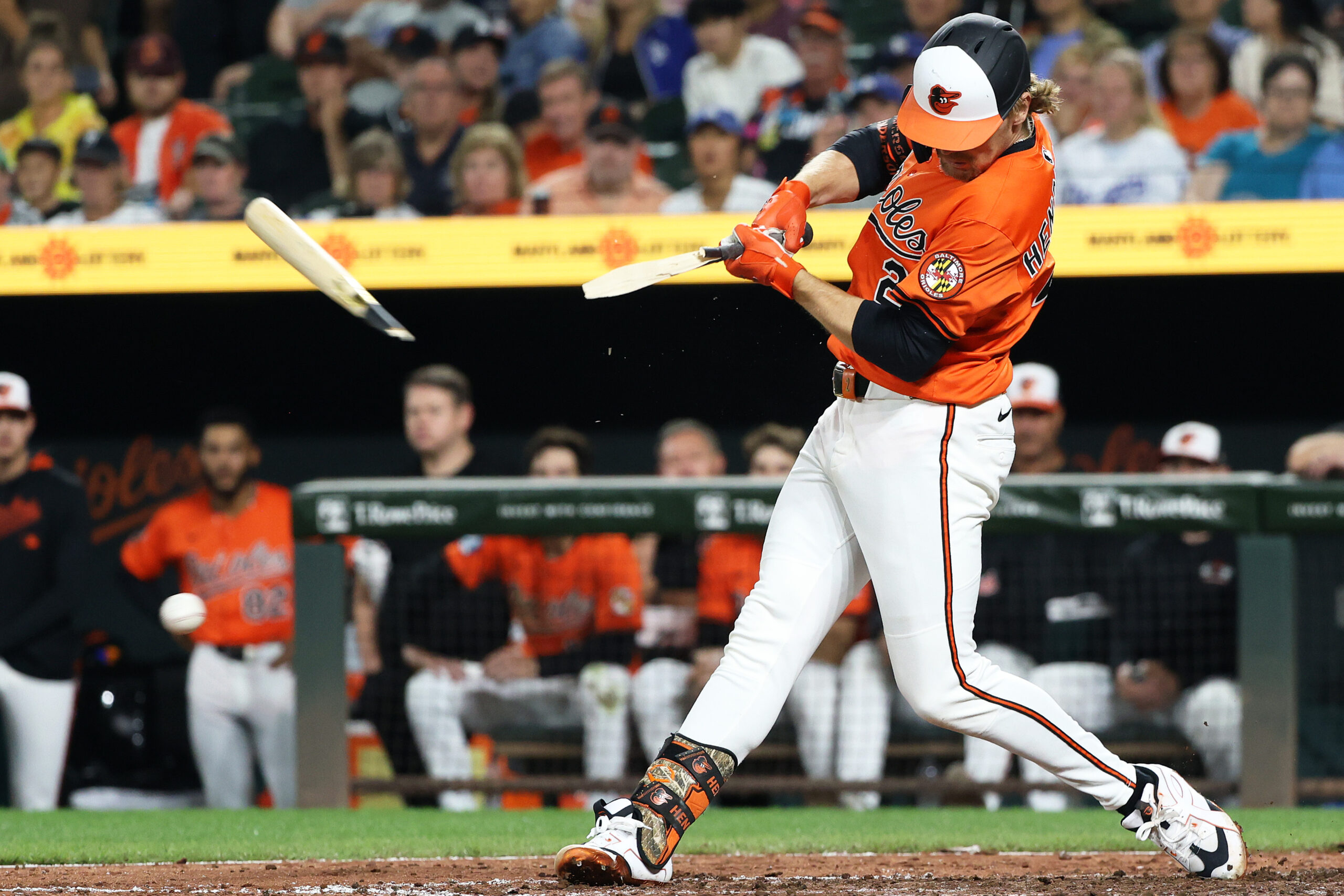 Sep 6, 2025; Baltimore, Maryland, USA; Baltimore Orioles shortstop Gunnar Henderson (2) breaks his bat during the seventh inning against the Los Angeles Dodgers at Oriole Park at Camden Yards. Mandatory Credit: Daniel Kucin Jr.-Imagn Images