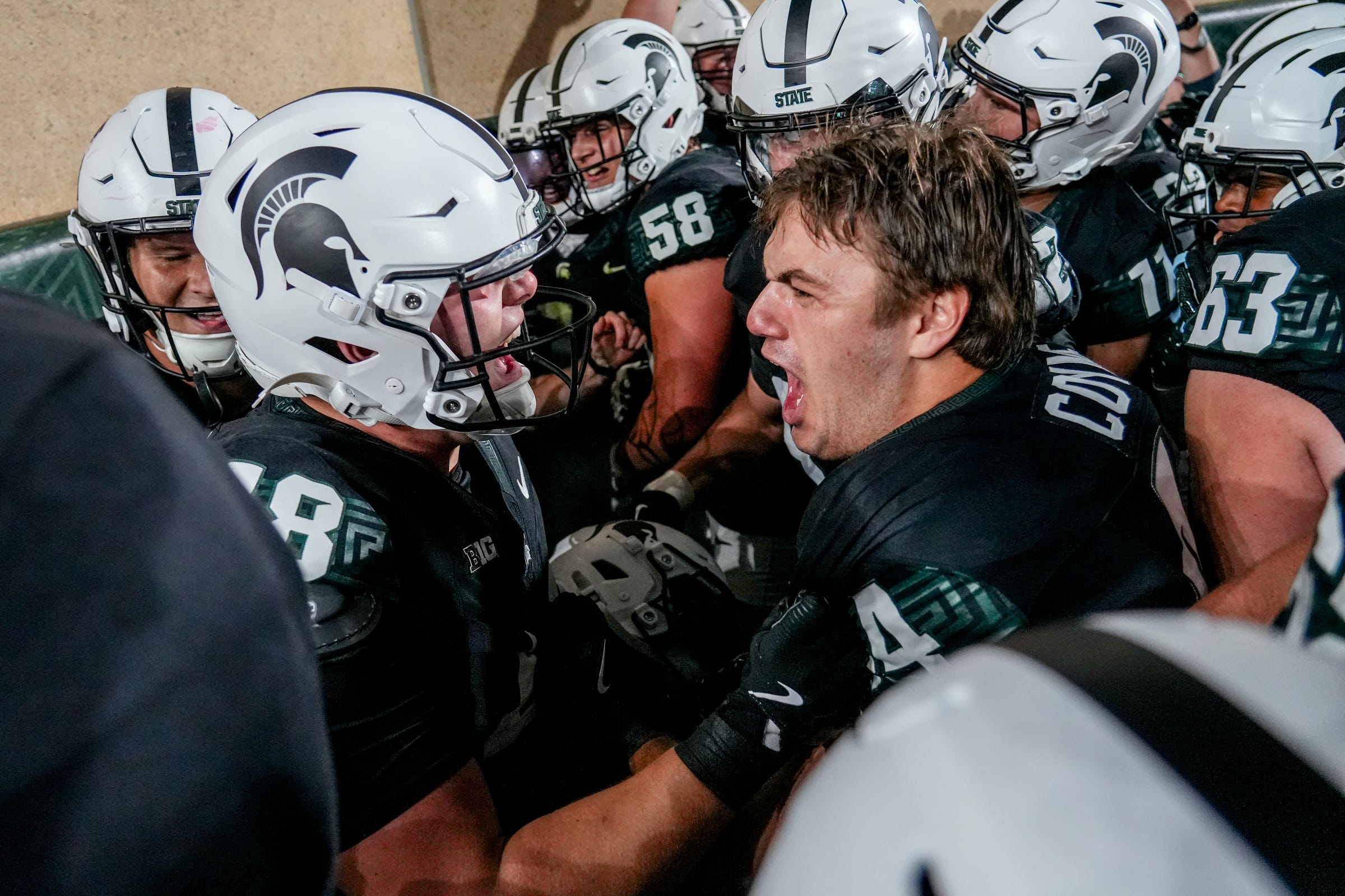 Michigan State's Jay Coyne, right, and Charlie Baker celebrate MSU's win over Boston College on Saturday, Sept. 6, 2025, at Spartan Stadium in East Lansing.