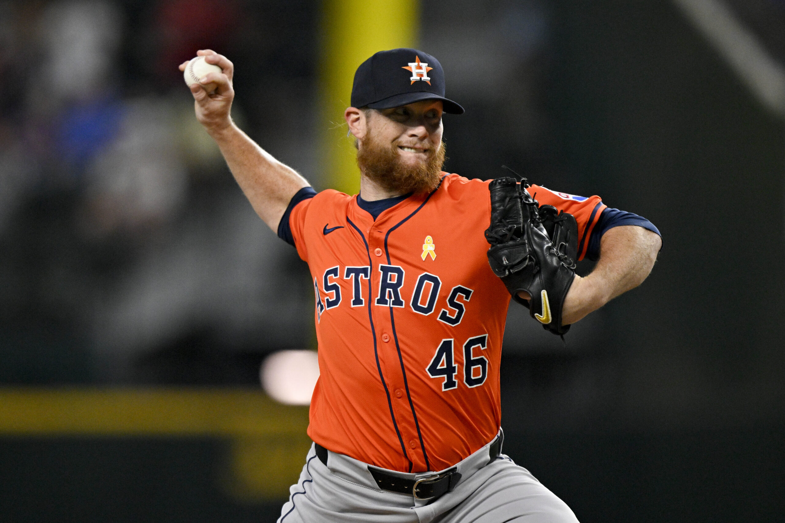 Sep 7, 2025; Arlington, Texas, USA; Houston Astros relief pitcher Craig Kimbrel (46) pitches against the Texas Rangers during the eighth inning at Globe Life Field. Mandatory Credit: Jerome Miron-Imagn Images