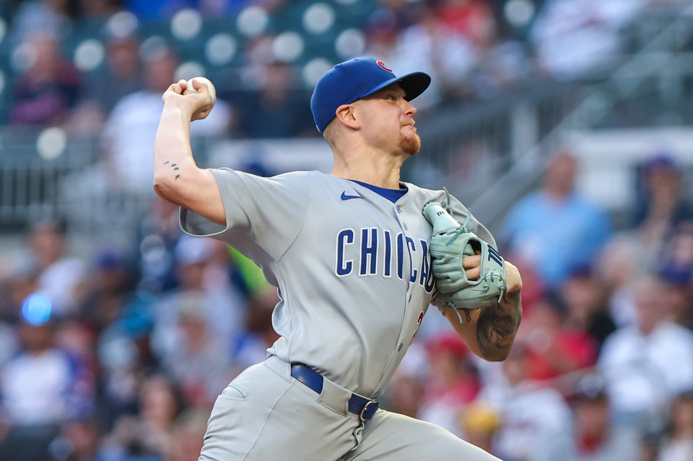 Sep 9, 2025; Cumberland, Georgia, USA; Chicago Cubs pitcher Cade Horton (22) pitches the ball against the Atlanta Braves during the first inning at Truist Park. Mandatory Credit: Jordan Godfree-Imagn Images