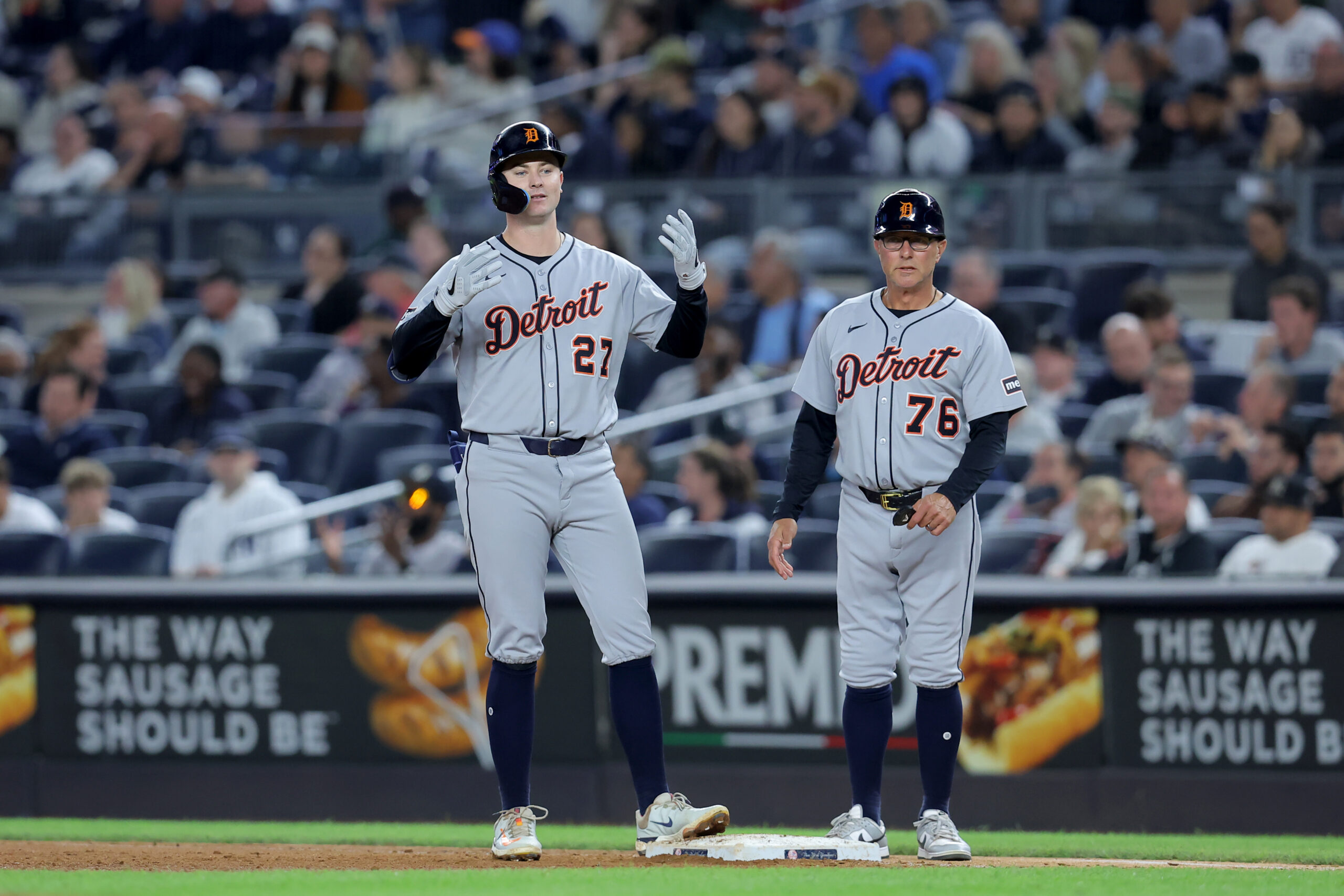 Sep 9, 2025; Bronx, New York, USA; Detroit Tigers shortstop Trey Sweeney (27) reacts after hitting an RBI single against the New York Yankees during the seventh inning at Yankee Stadium. Mandatory Credit: Brad Penner-Imagn Images