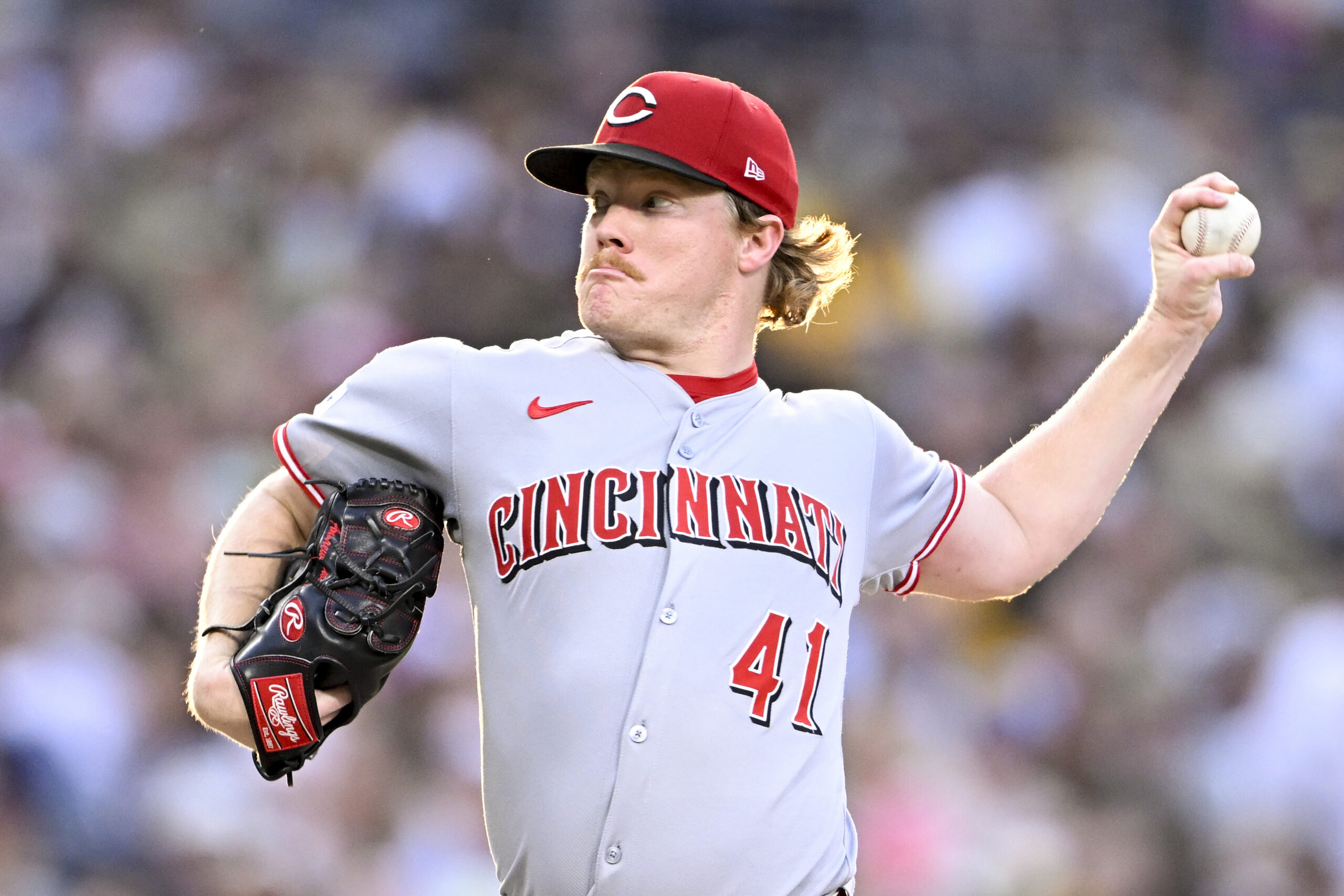 Sep 10, 2025; San Diego, California, USA; Cincinnati Reds starting pitcher Andrew Abbott (41) delivers during the fourth inning against the San Diego Padres at Petco Park. Mandatory Credit: Denis Poroy-Imagn Images