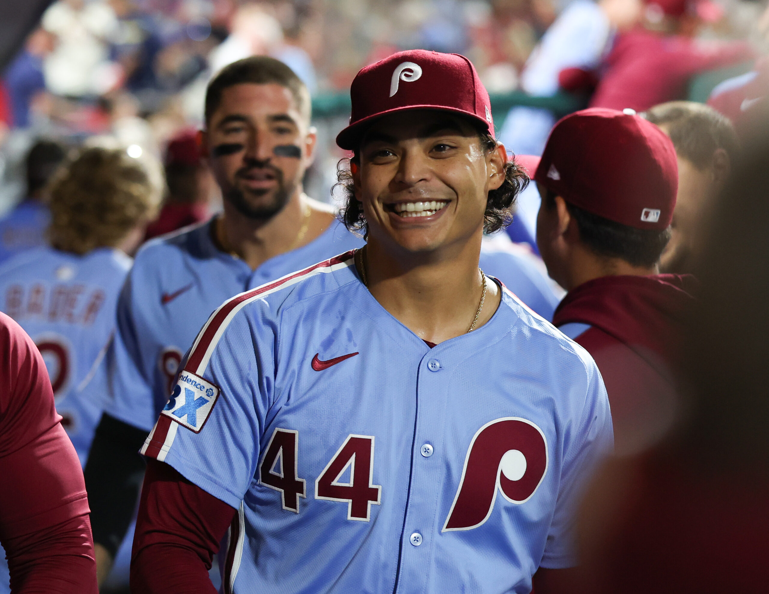 Sep 11, 2025; Philadelphia, Pennsylvania, USA; Philadelphia Phillies pitcher Jesús Luzardo (44) reacts with teammates in the dugout after pitching out of the eighth inning against the New York Mets at Citizens Bank Park. Mandatory Credit: Bill Streicher-Imagn Images