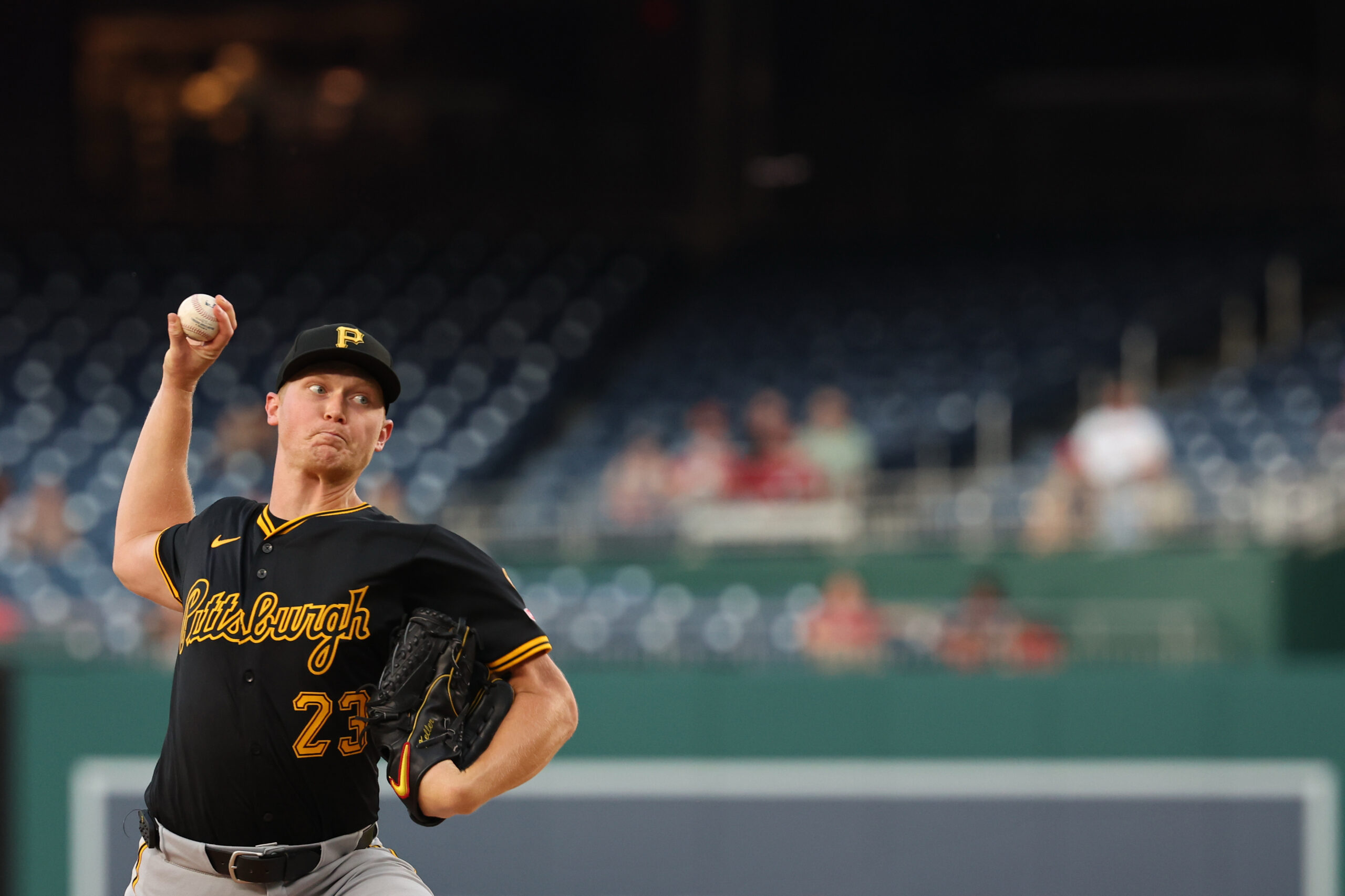 Sep 12, 2025; Washington, District of Columbia, USA; Pittsburgh Pirates starting pitcher Mitch Keller (23) pitches against the Washington Nationals during the first inning at Nationals Park. Mandatory Credit: Geoff Burke-Imagn Images