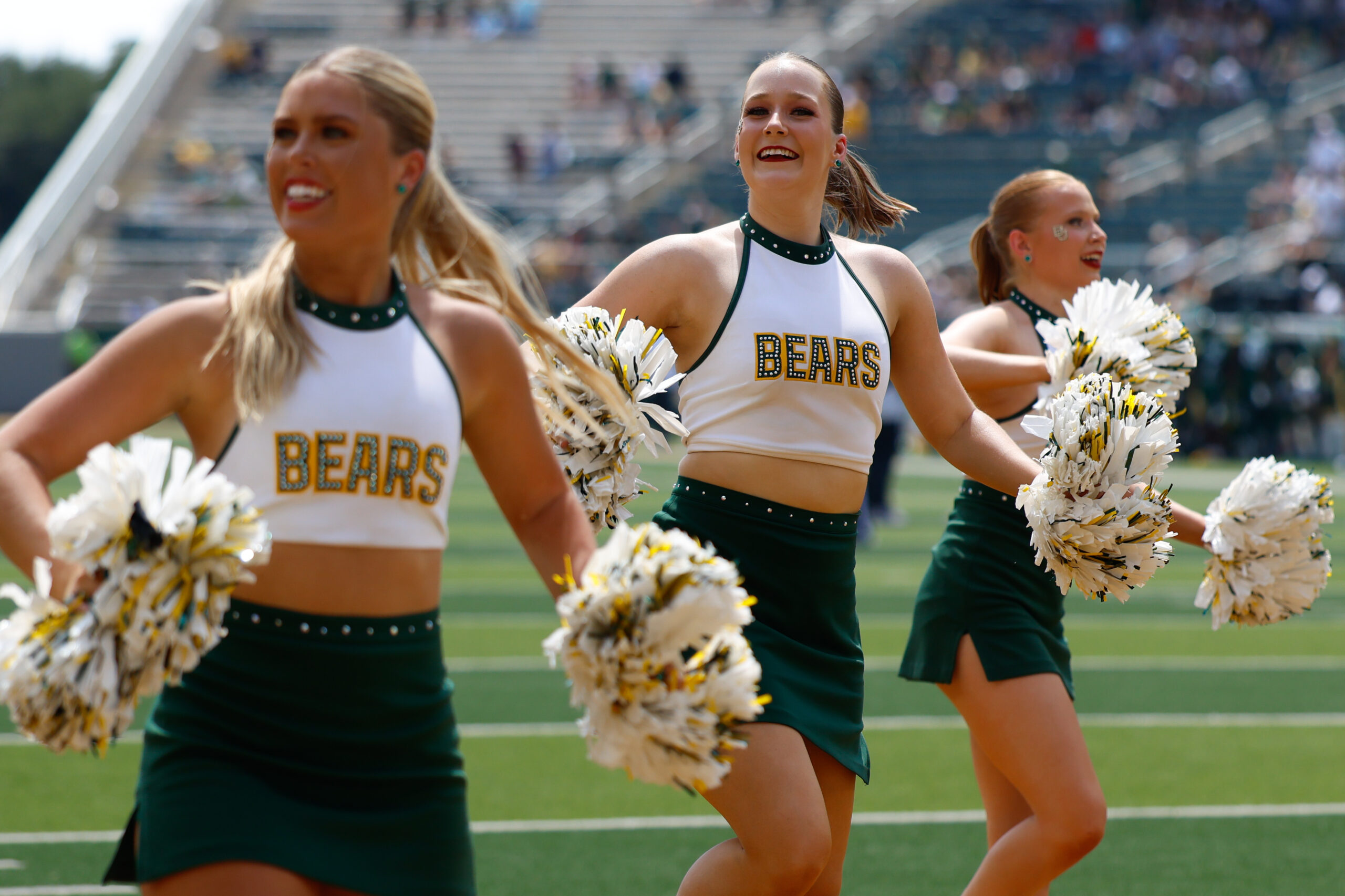 Sep 13, 2025; Waco, Texas, USA;  Baylor cheerleaders perform during the second half against the Samford Bulldogs at McLane Stadium. Mandatory Credit: Chris Jones-Imagn Images