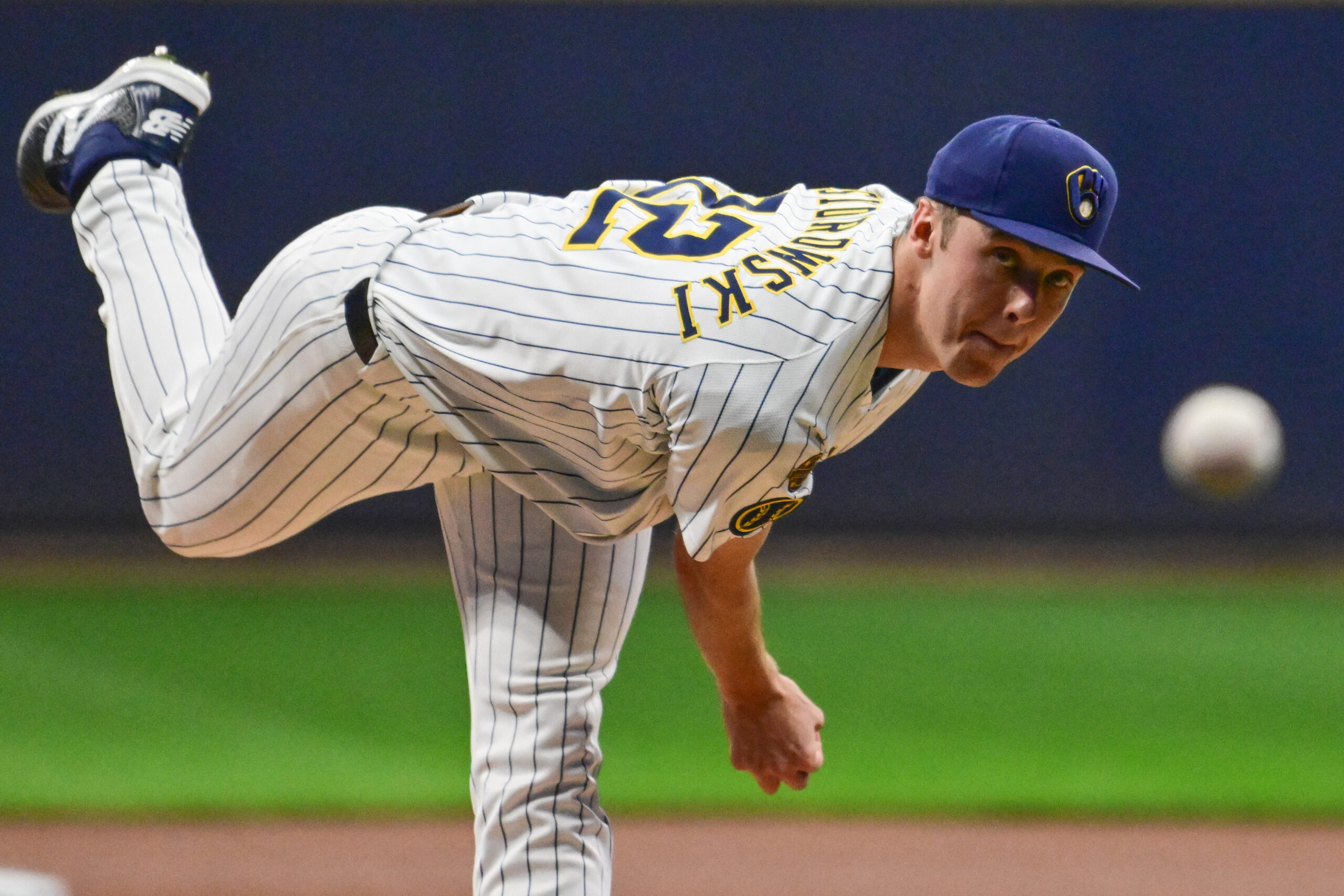 Sep 13, 2025; Milwaukee, Wisconsin, USA;  Milwaukee Brewers starting pitcher Jacob Misiorowski (32) throws against the St. Louis Cardinals in the first inning at American Family Field. Mandatory Credit: Benny Sieu-Imagn Images