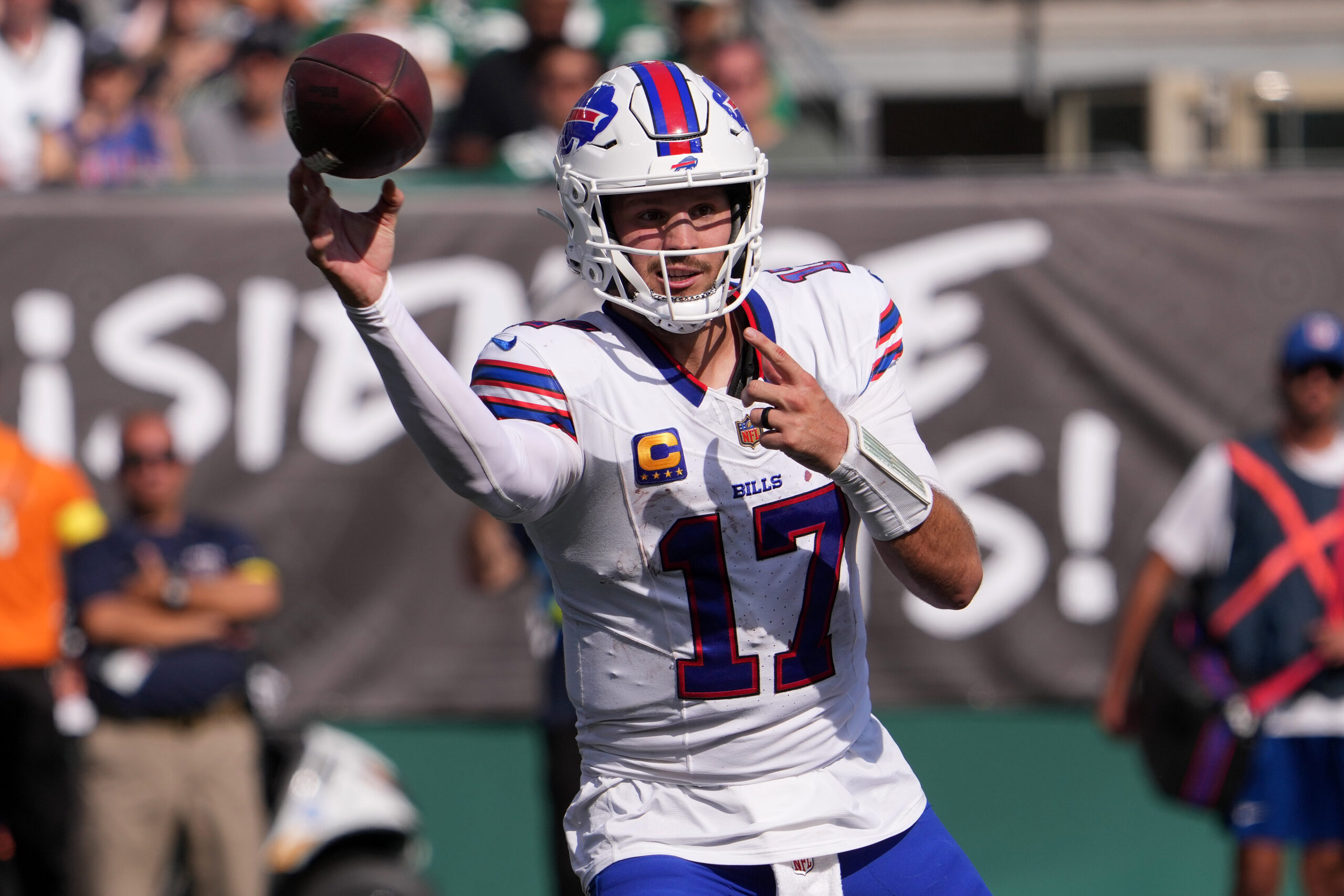 Sep 14, 2025; East Rutherford, New Jersey, USA; Buffalo Bills quarterback Josh Allen (17) drops back to pass against the New York Jets during the second half at MetLife Stadium. Mandatory Credit: Robert Deutsch-Imagn Images