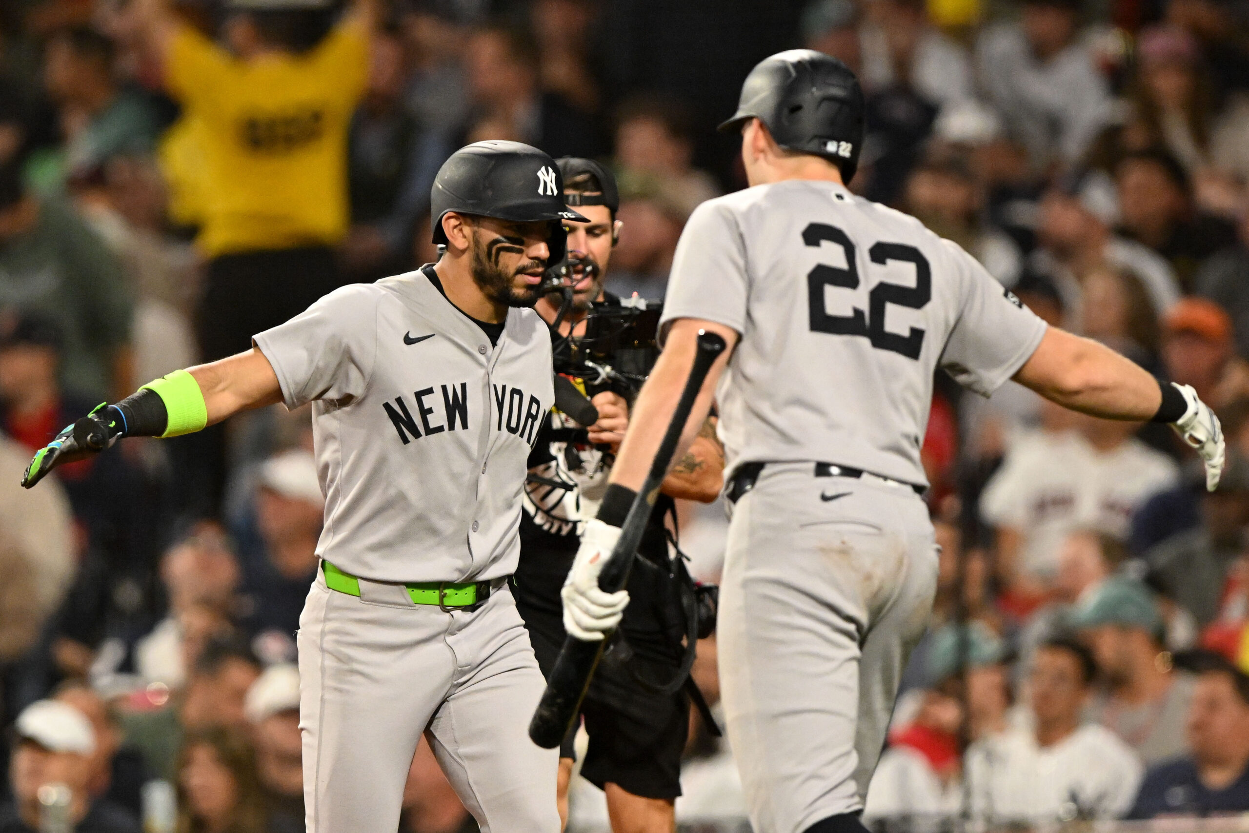 Sep 14, 2025; Boston, Massachusetts, USA; New York Yankees shortstop Jose Caballero (72) high-fives first baseman Ben Rice (22) after hitting a home run against the Boston Red Sox during the seventh inning at Fenway Park. Mandatory Credit: Brian Fluharty-Imagn Images