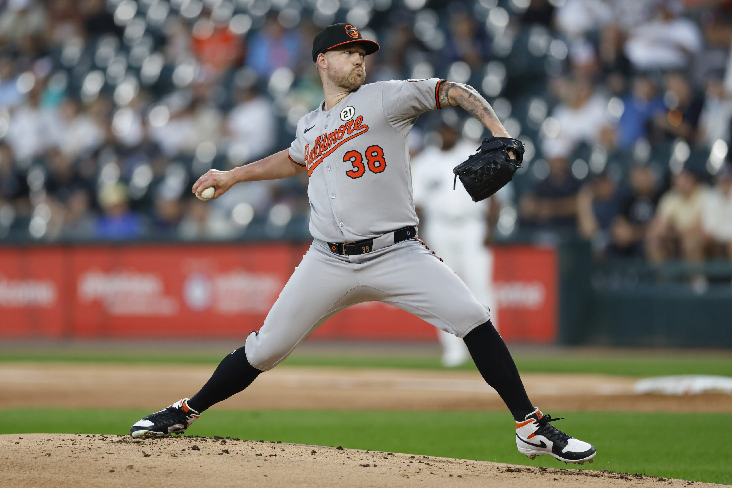 Sep 15, 2025; Chicago, Illinois, USA; Baltimore Orioles starting pitcher Kyle Bradish (38) delivers a pitch against the Chicago White Sox during the first inning at Rate Field. Mandatory Credit: Kamil Krzaczynski-Imagn Images