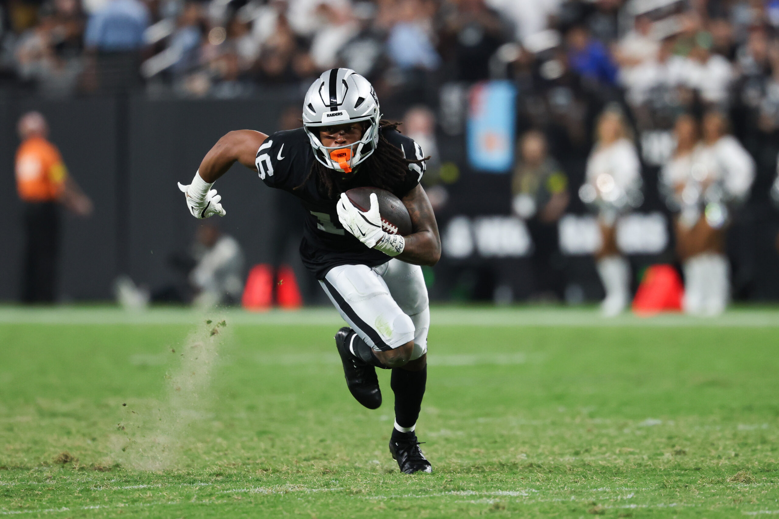 Sep 15, 2025; Paradise, Nevada, USA;  Las Vegas Raiders wide receiver Jakobi Meyers (16) rushes during the third quarter against the Los Angeles Chargers at Allegiant Stadium. Mandatory Credit: Kiyoshi Mio-Imagn Images