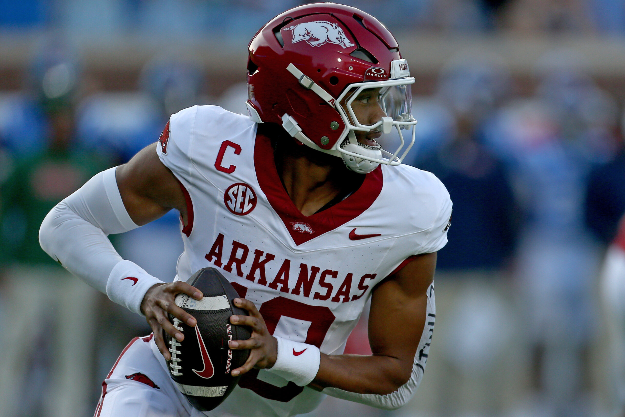 Sep 13, 2025; Oxford, Mississippi, USA; Arkansas Razorback quarterback Taylen Green (10) drops back to pass during the first quarter against the Mississippi Rebels at Vaught-Hemingway Stadium. Mandatory Credit: Petre Thomas-Imagn Images