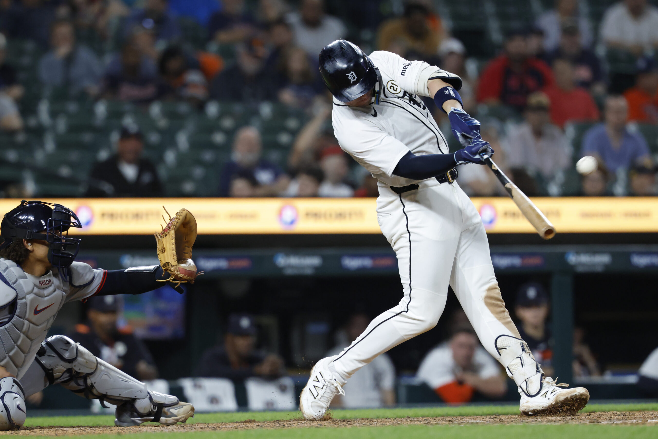 Sep 16, 2025; Detroit, Michigan, USA; Detroit Tigers first baseman Spencer Torkelson (20) hits a two-run home run in the tenth inning against the Cleveland Guardians t Comerica Park. Mandatory Credit: Rick Osentoski-Imagn Images
