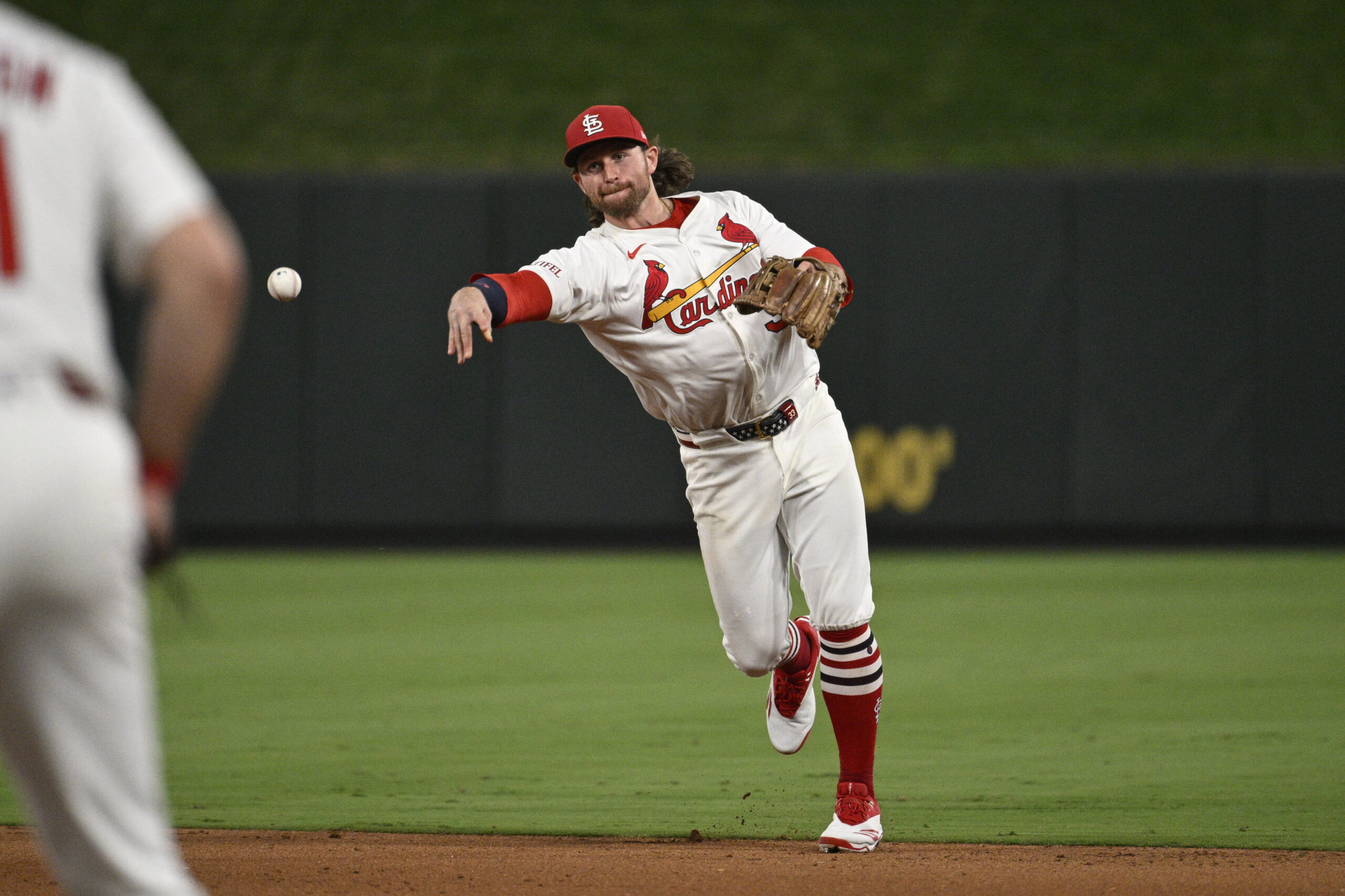 Sep 16, 2025; St. Louis, Missouri, USA; St. Louis Cardinals second baseman Brendan Donovan (33) throws out Cincinnati Reds first baseman Sal Stewart (43) (not pictured) at first base in the sixth inning at Busch Stadium. Mandatory Credit: Joe Puetz-Imagn Images